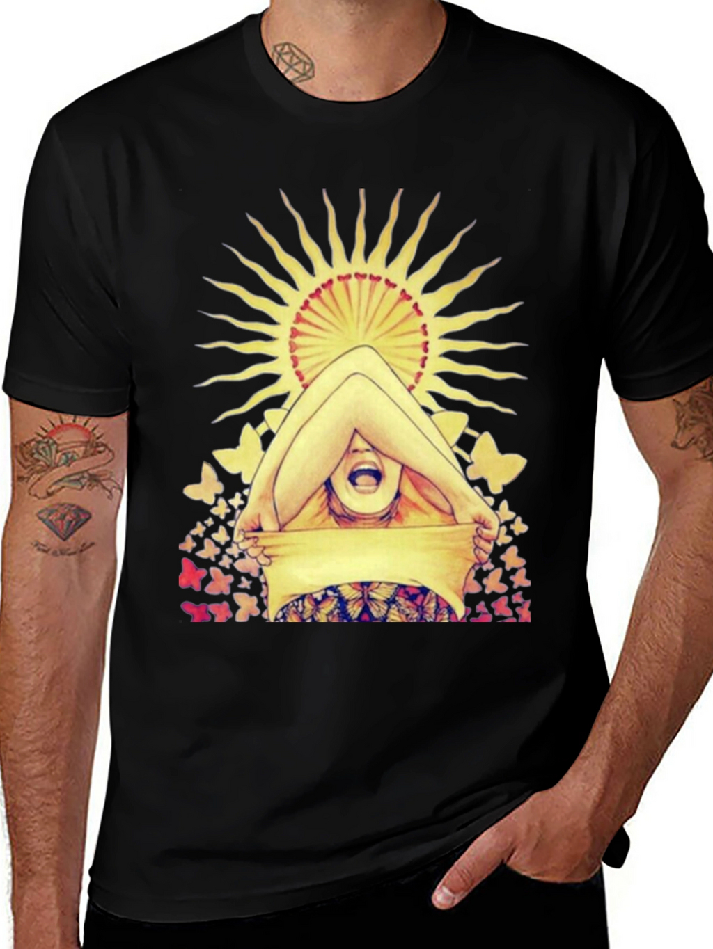 Butterfly & Sun Graphic Tee - Unique Artistic Design