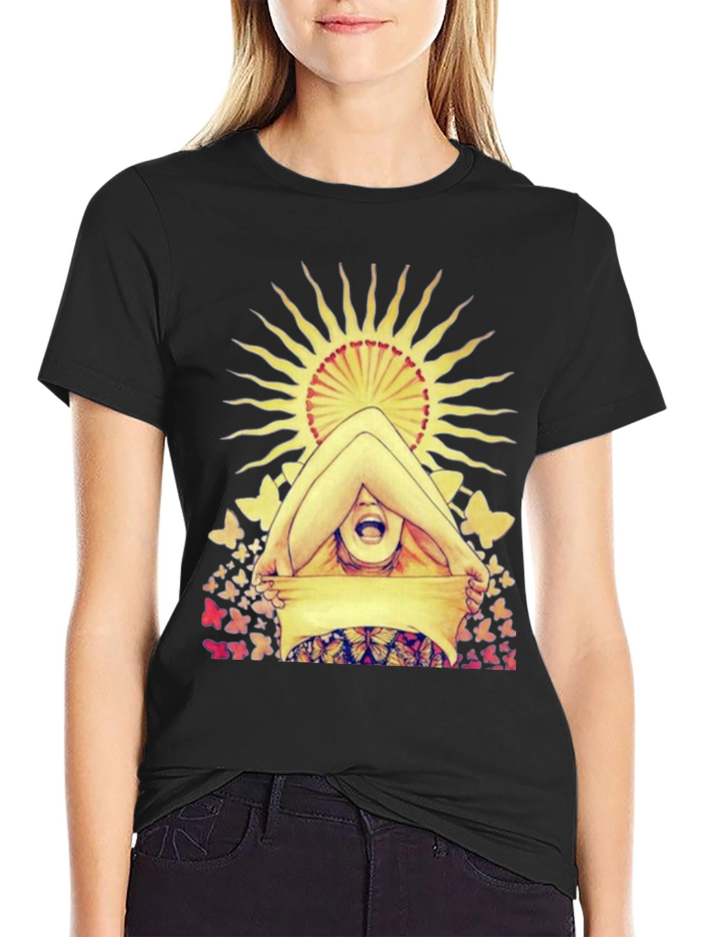 Butterfly & Sun Graphic Tee - Unique Artistic Design