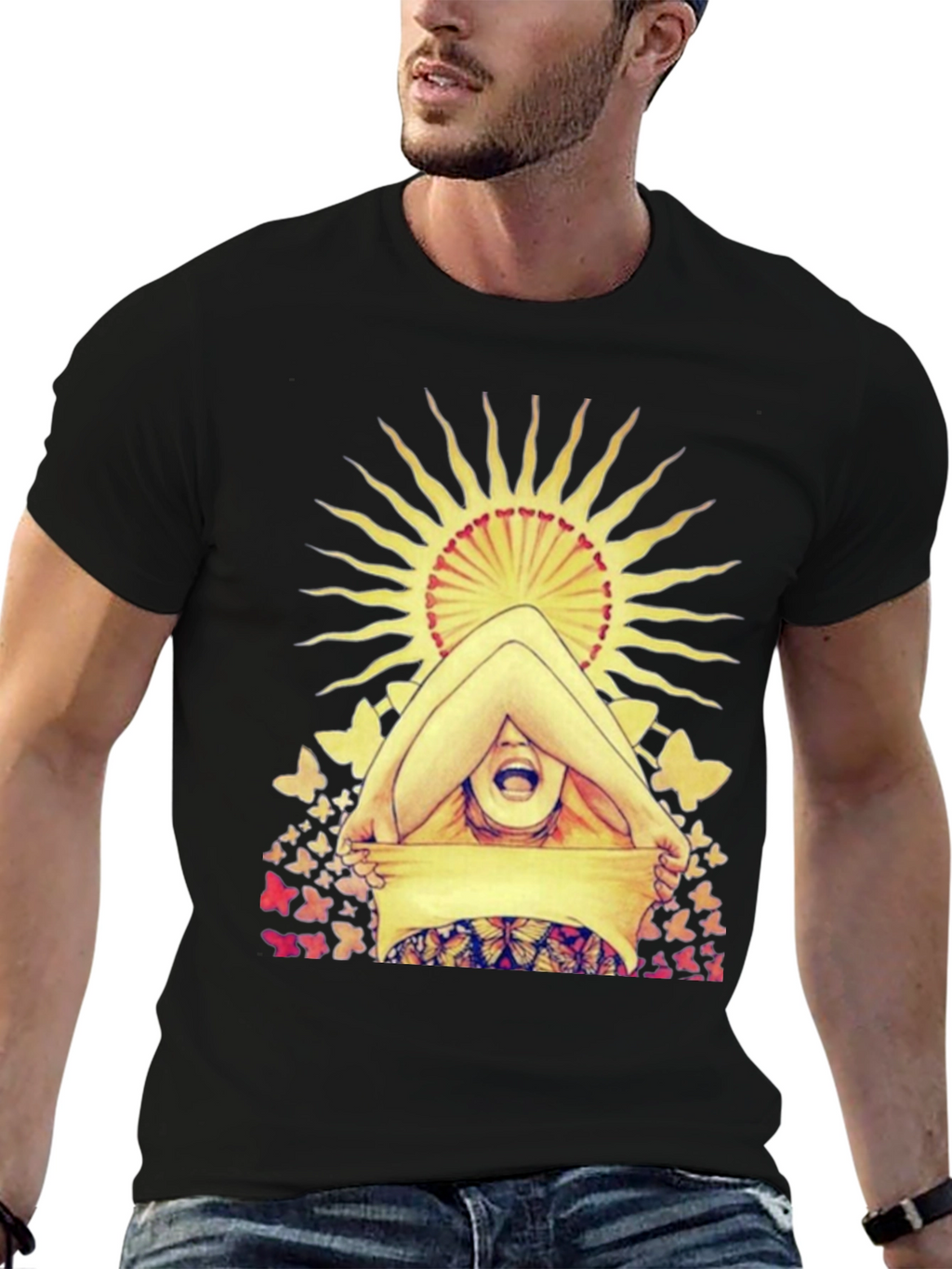 Butterfly & Sun Graphic Tee - Unique Artistic Design