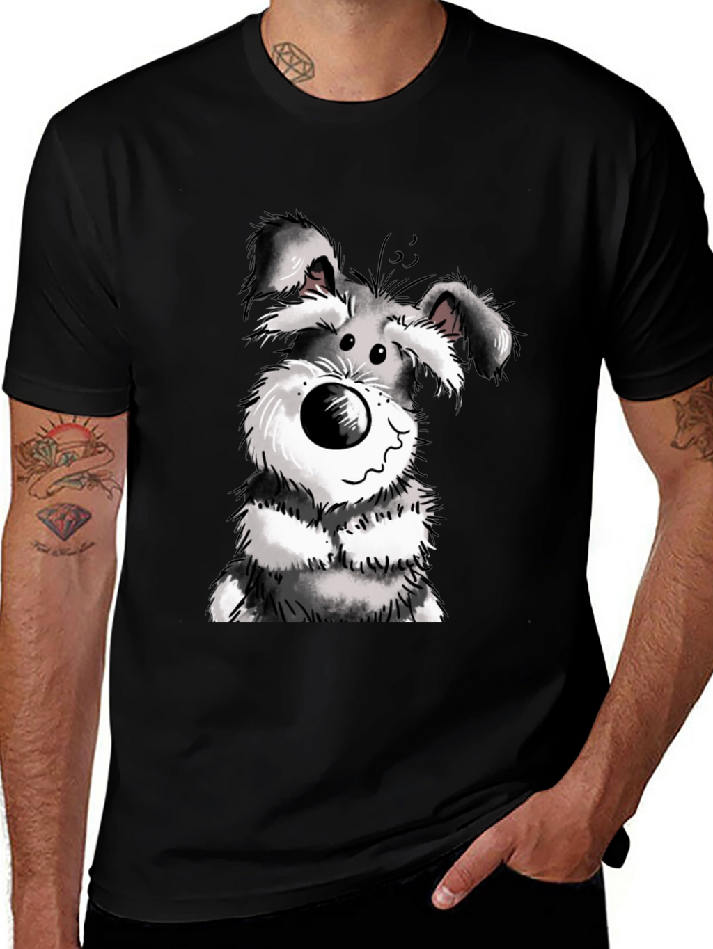 Cartoon Dog Graphic Tee - Black Cotton Casual Wear