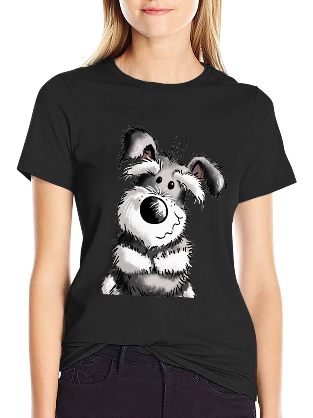 Cartoon Dog Graphic Tee - Black Cotton Casual Wear