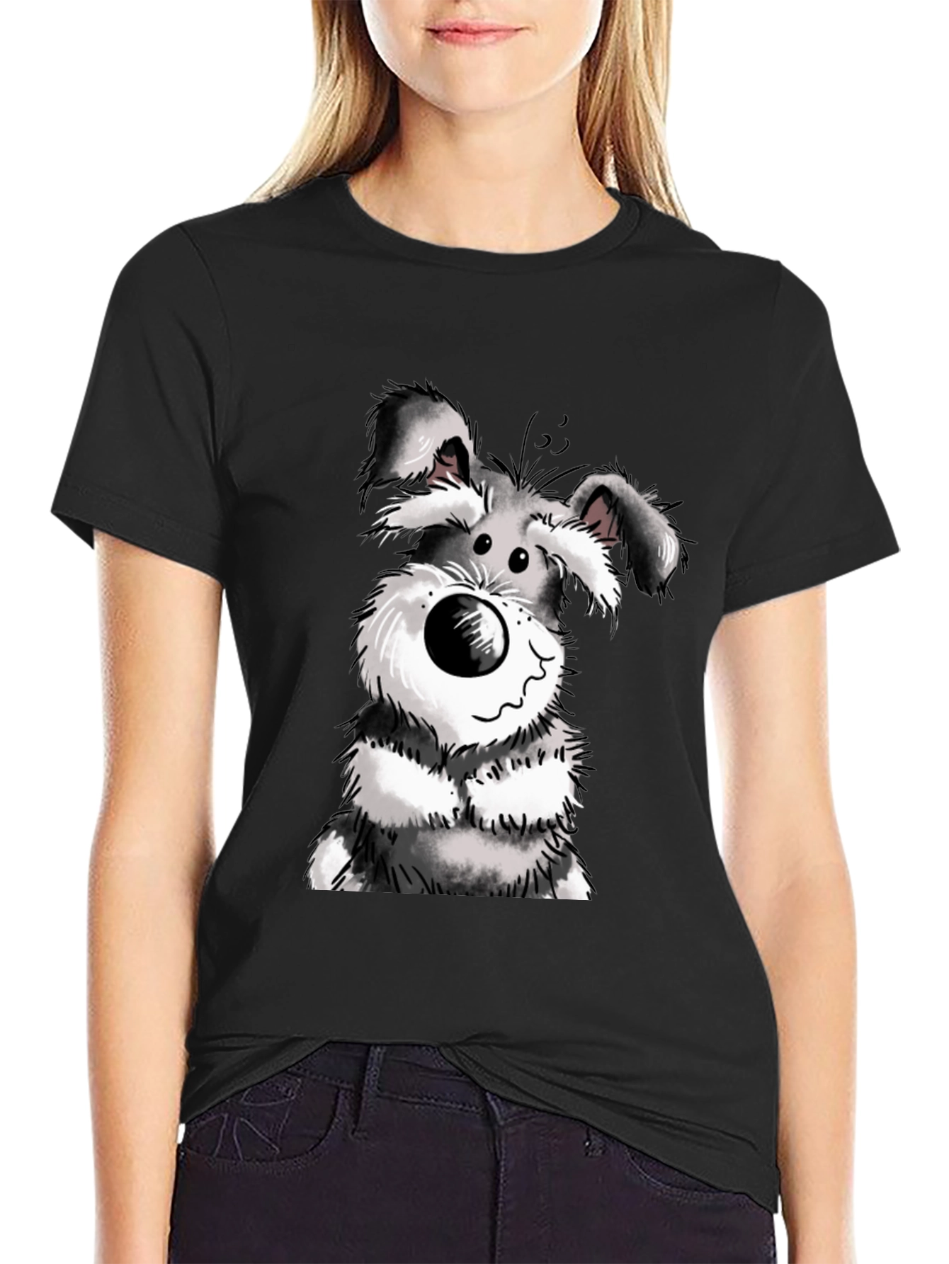 Cartoon Dog Graphic Tee - Black Cotton Casual Wear