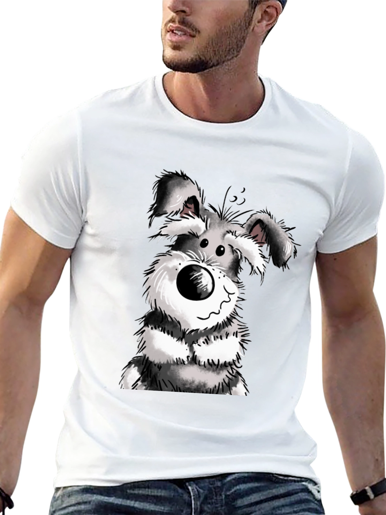 Cartoon Dog Graphic Tee - Black Cotton Casual Wear