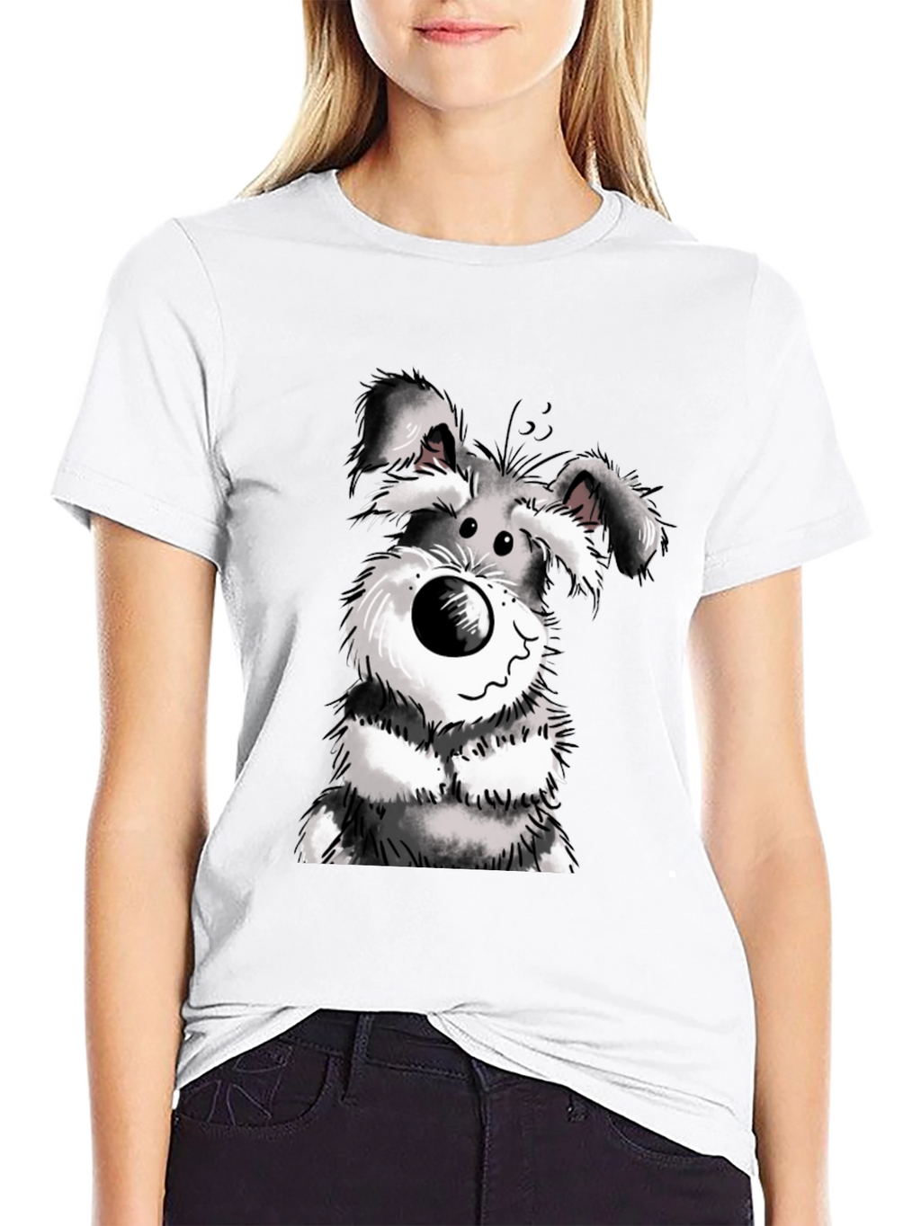 Cartoon Dog Graphic Tee - Black Cotton Casual Wear