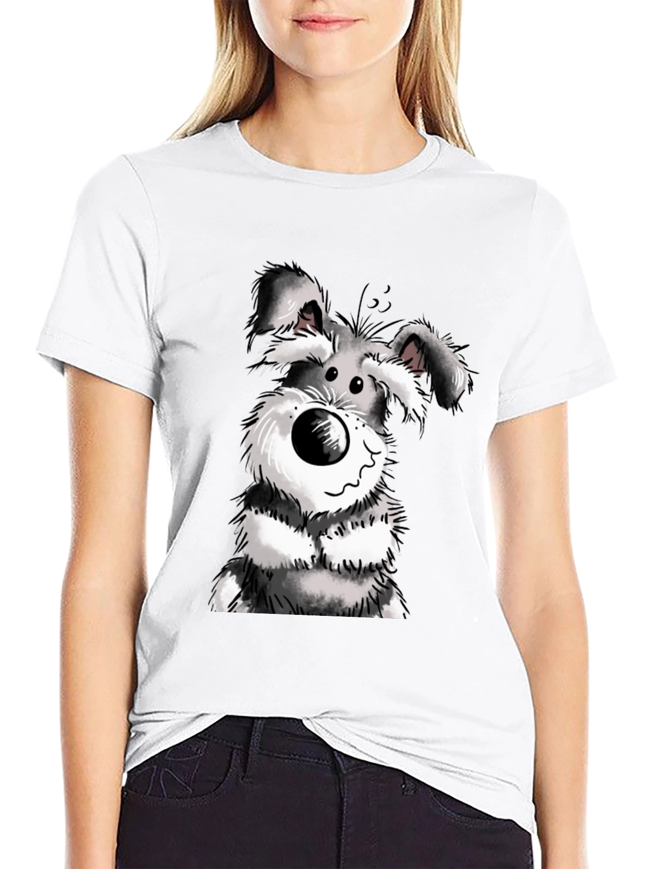 Cartoon Dog Graphic Tee - Black Cotton Casual Wear