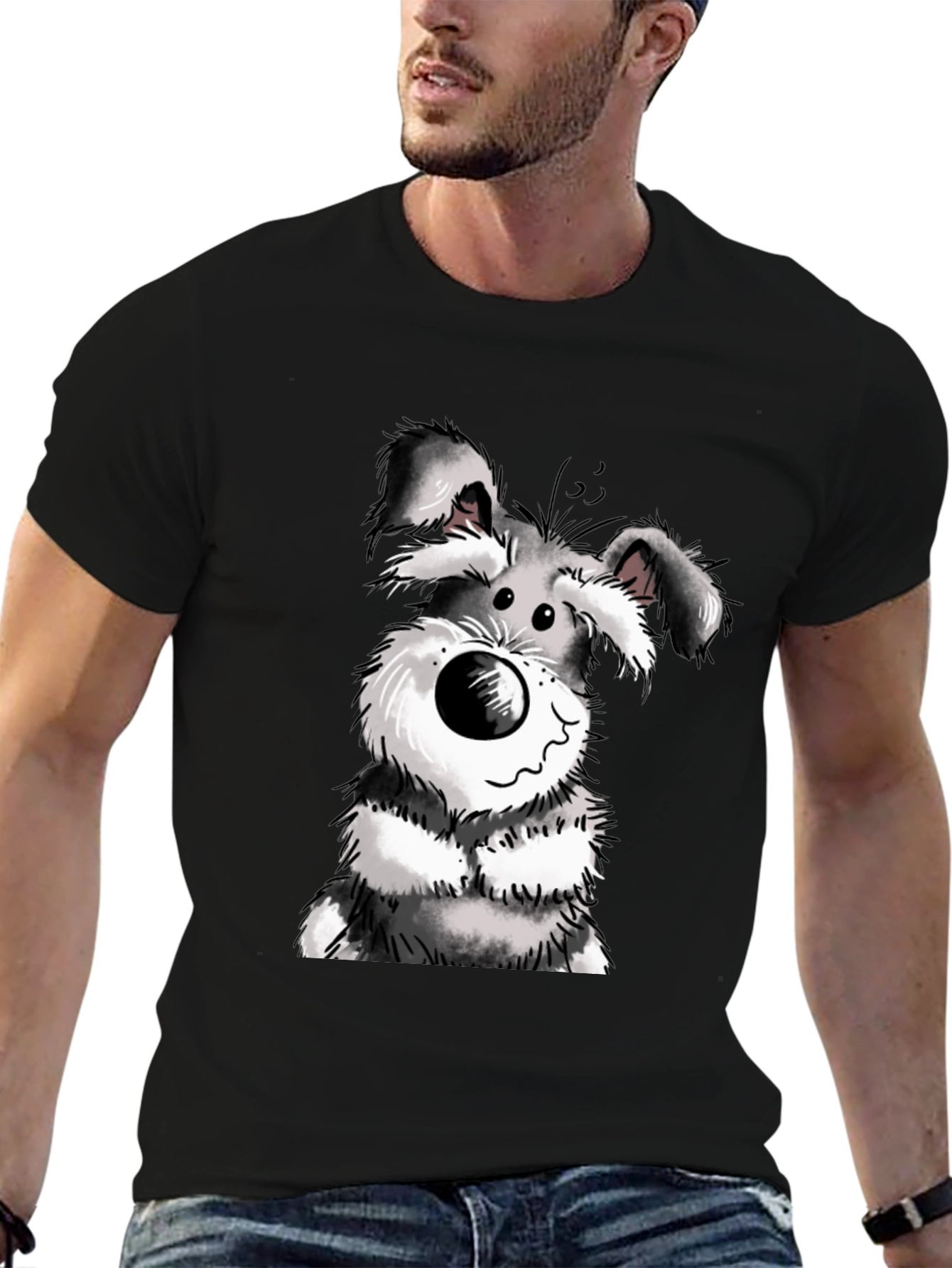 Cartoon Dog Graphic Tee - Black Cotton Casual Wear
