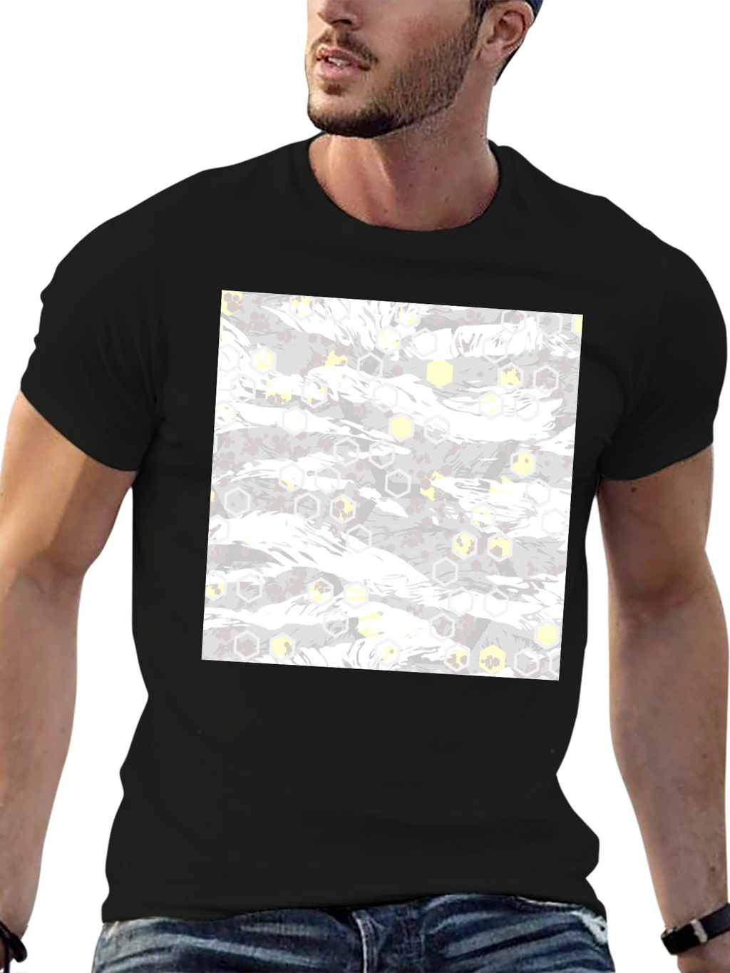 Geometric Camo Print Black Tee