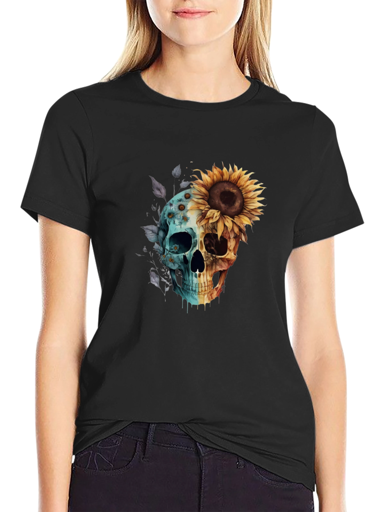 Sunflower Skull Graphic Tee - Mens Black T-Shirt