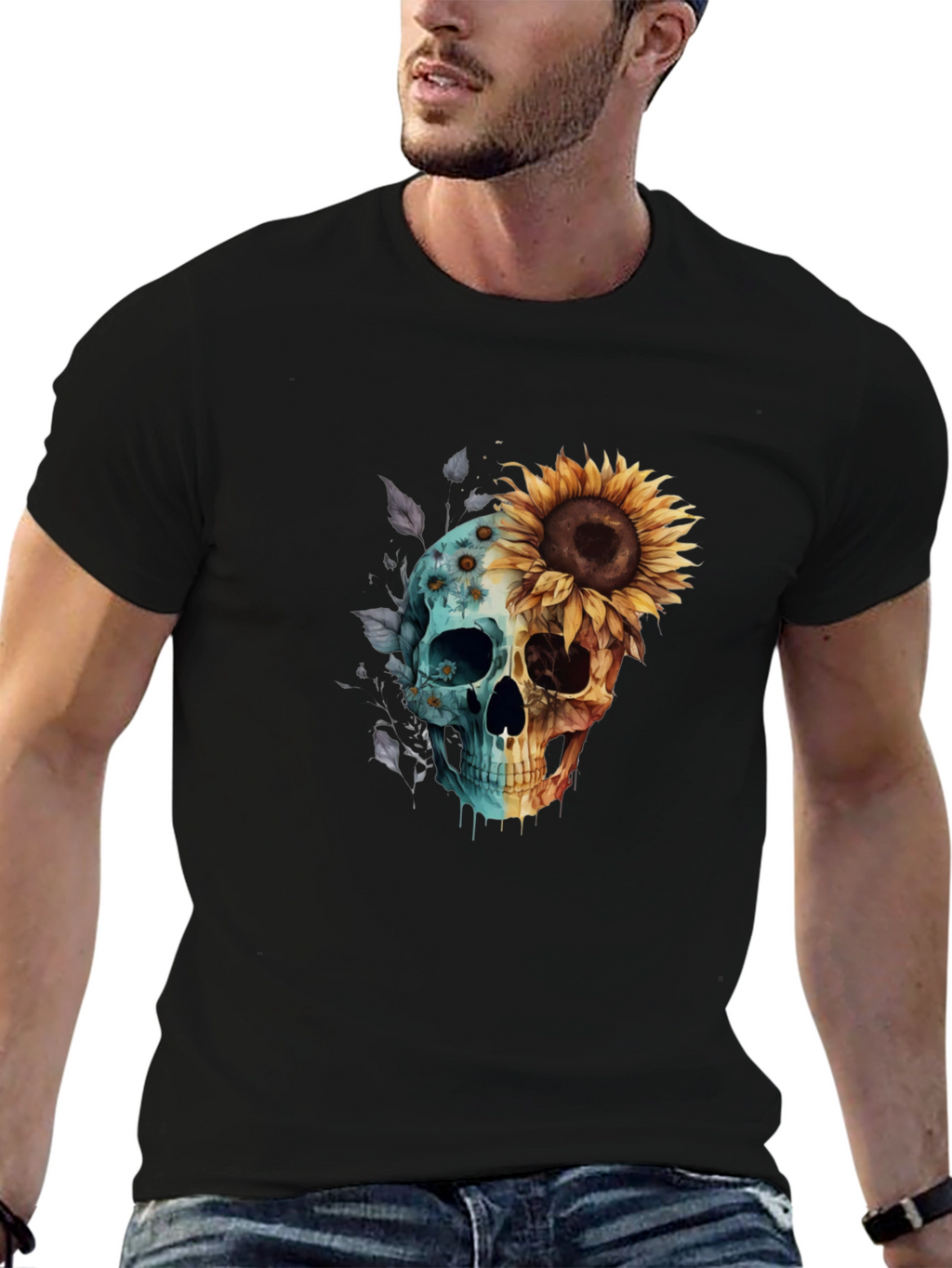 Sunflower Skull Graphic Tee - Mens Black T-Shirt
