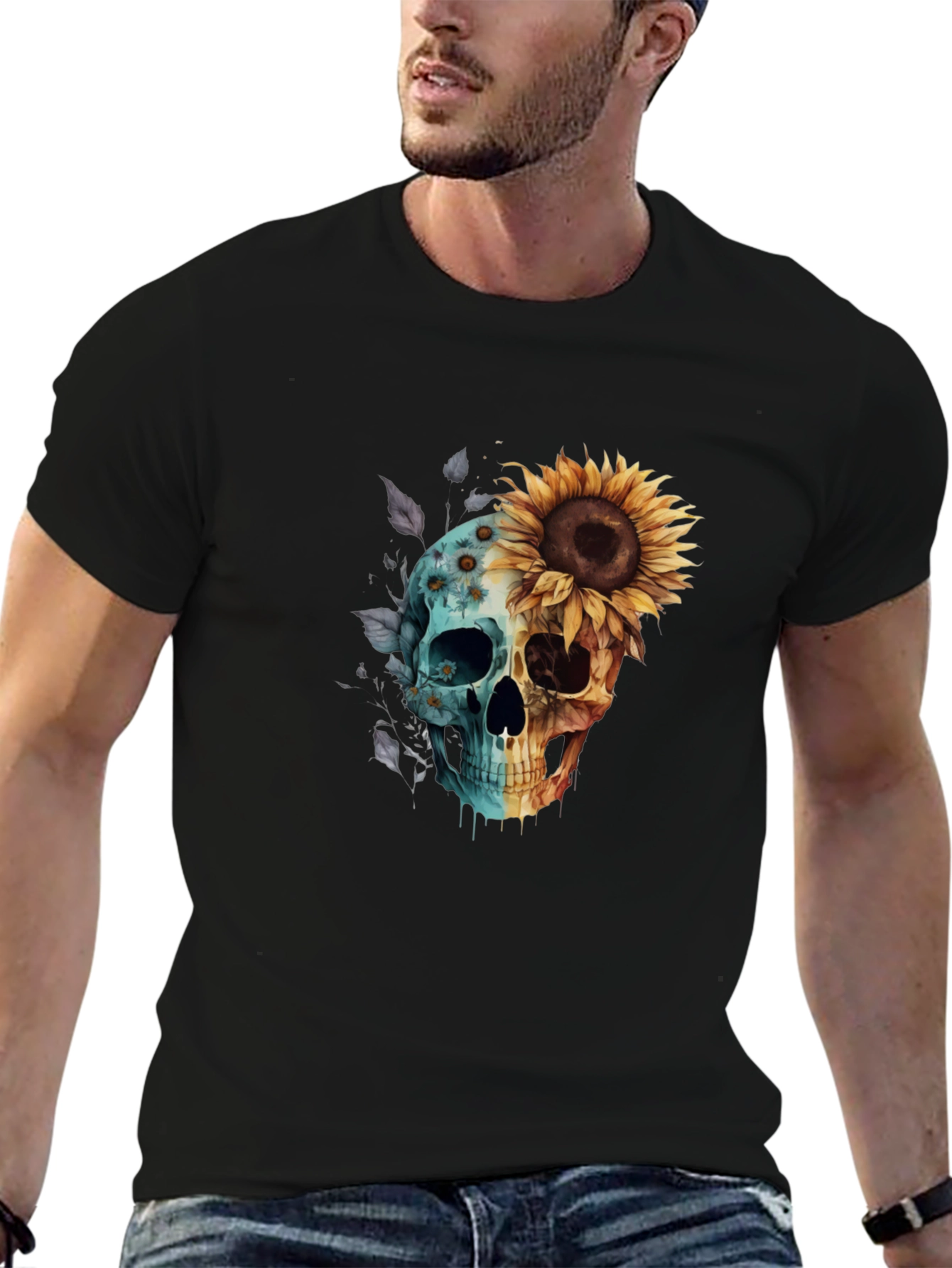 Sunflower Skull Graphic Tee - Mens Black T-Shirt