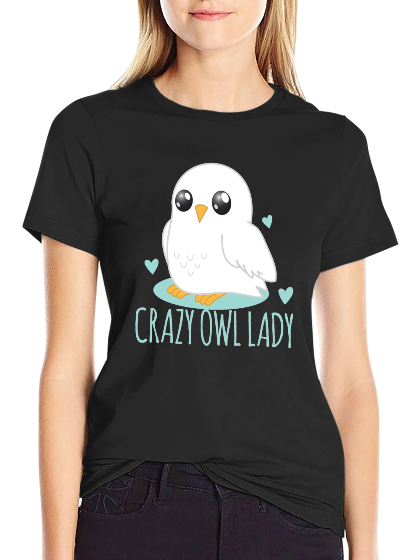 Cute Owl Lady Graphic Tee - Black Cotton T-Shirt