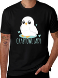 Cute Owl Lady Graphic Tee - Black Cotton T-Shirt