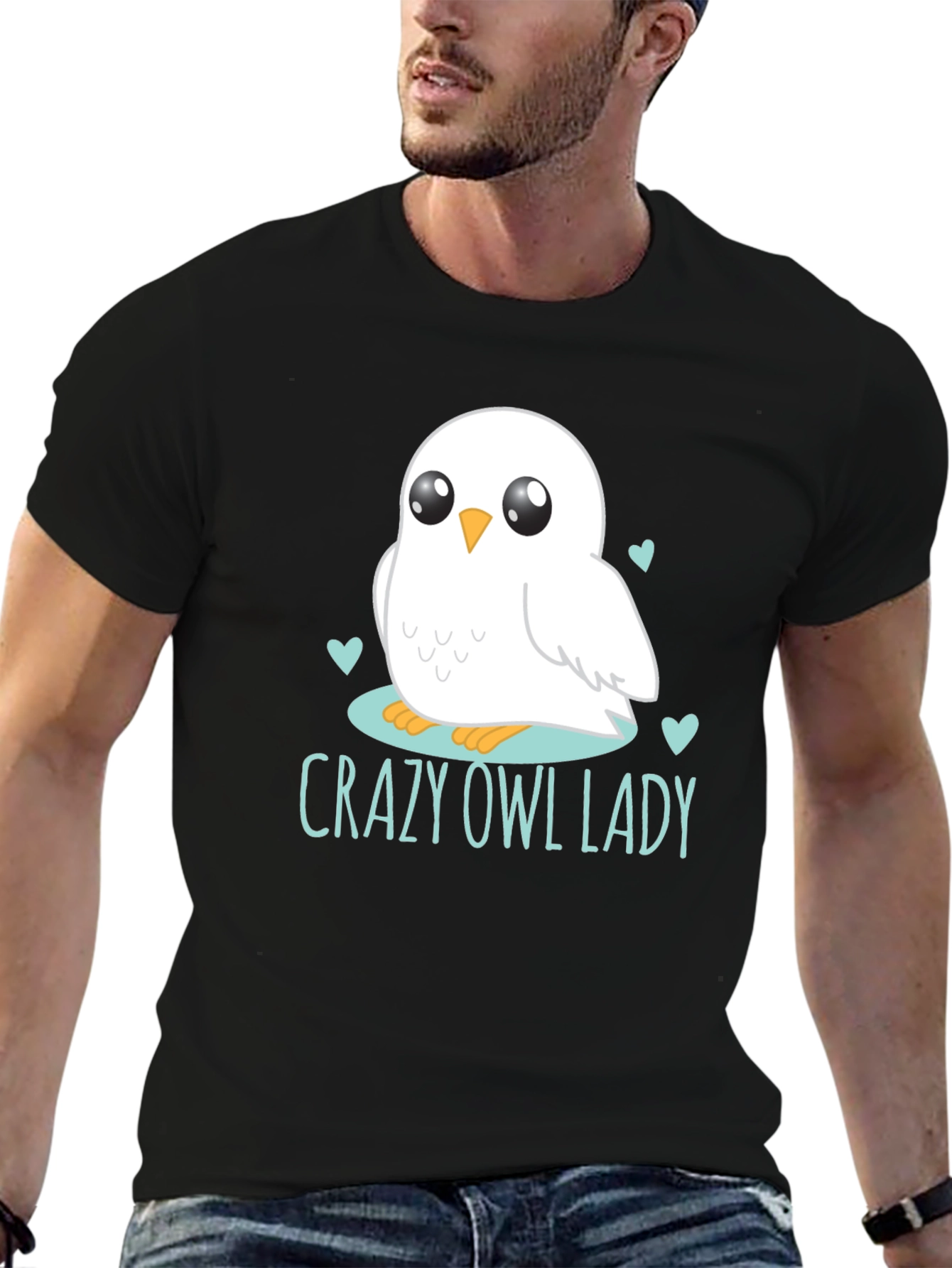 Cute Owl Lady Graphic Tee - Black Cotton T-Shirt