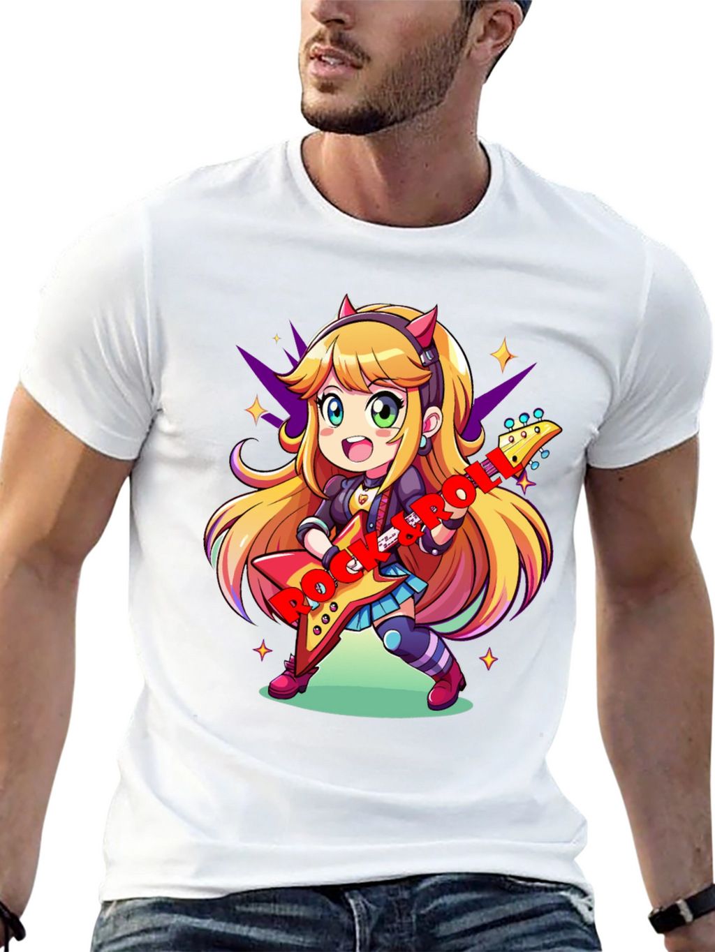 Anime Girl Guitarist Black T-Shirt