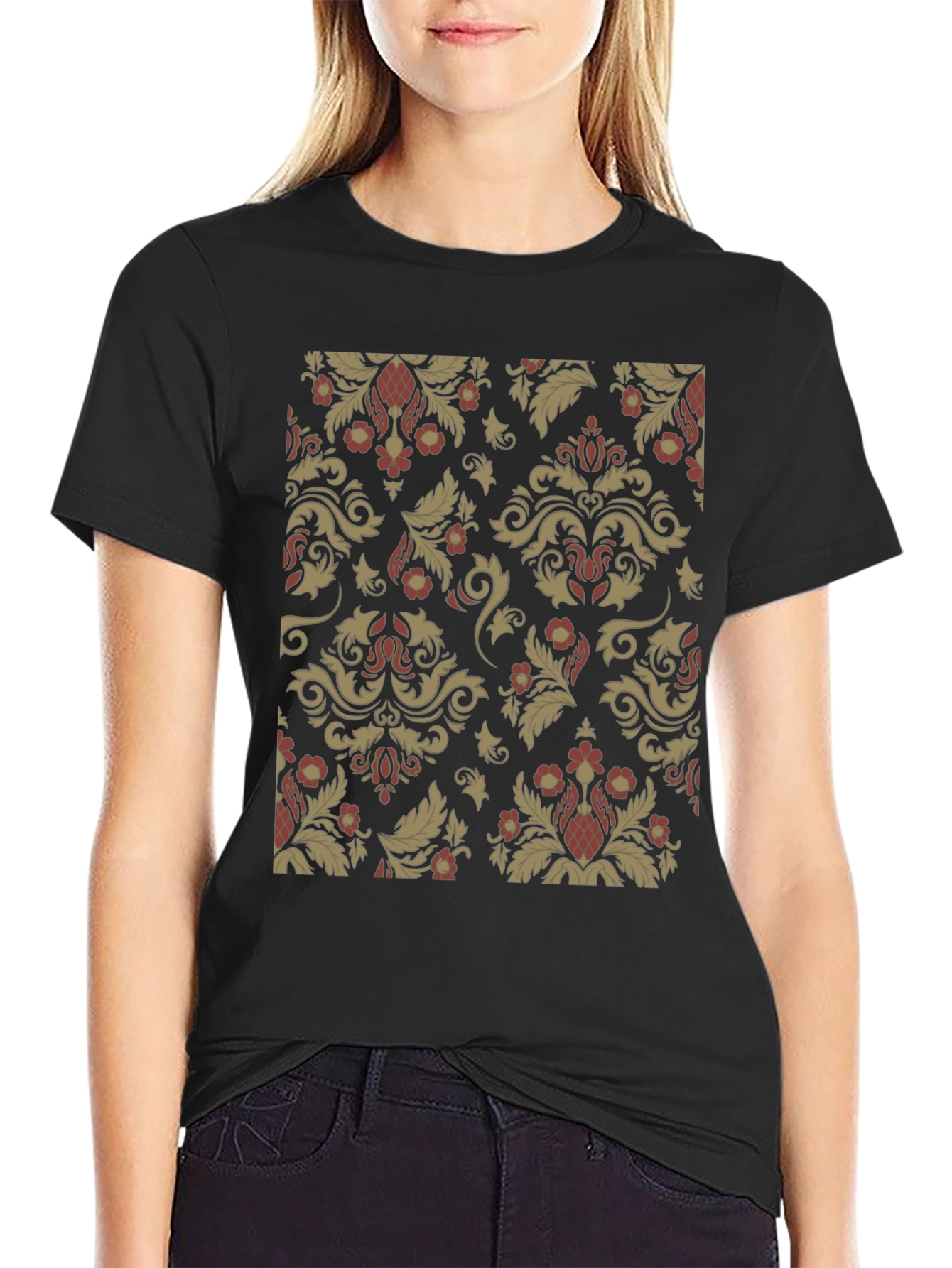 Vintage Damask Pattern Black T-Shirt
