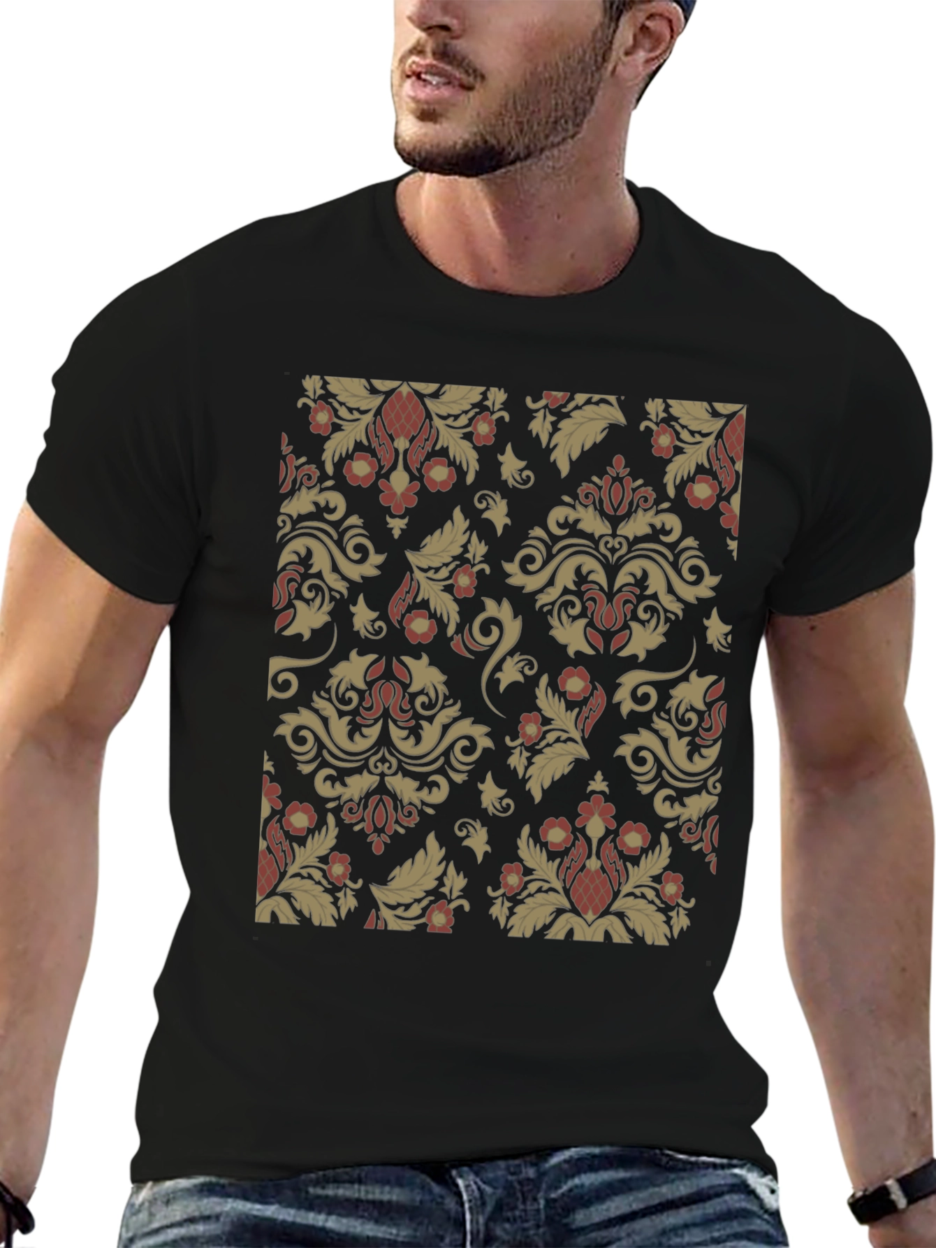 Vintage Damask Pattern Black T-Shirt
