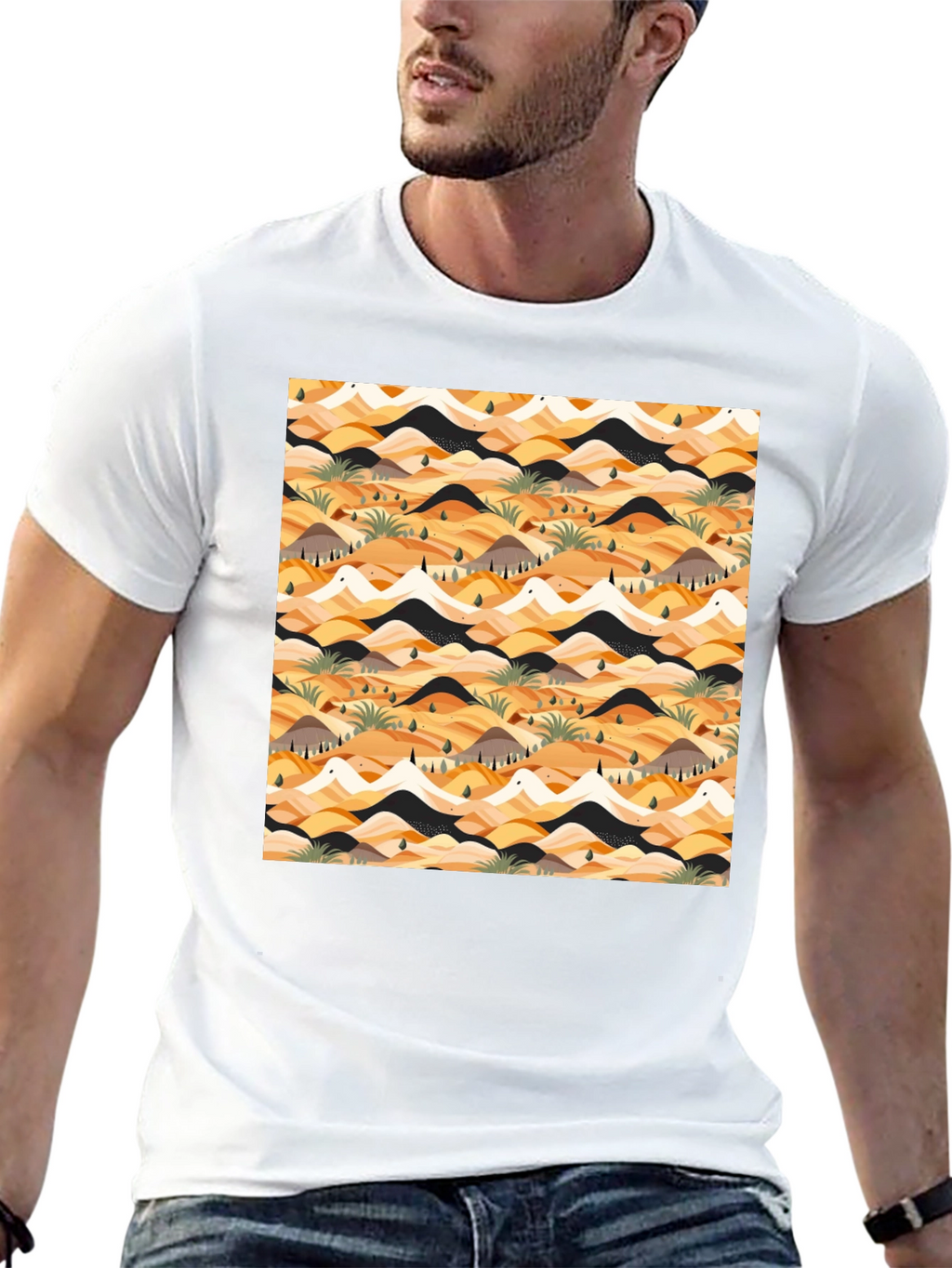 Abstract Desert Landscape Print Black T-Shirt