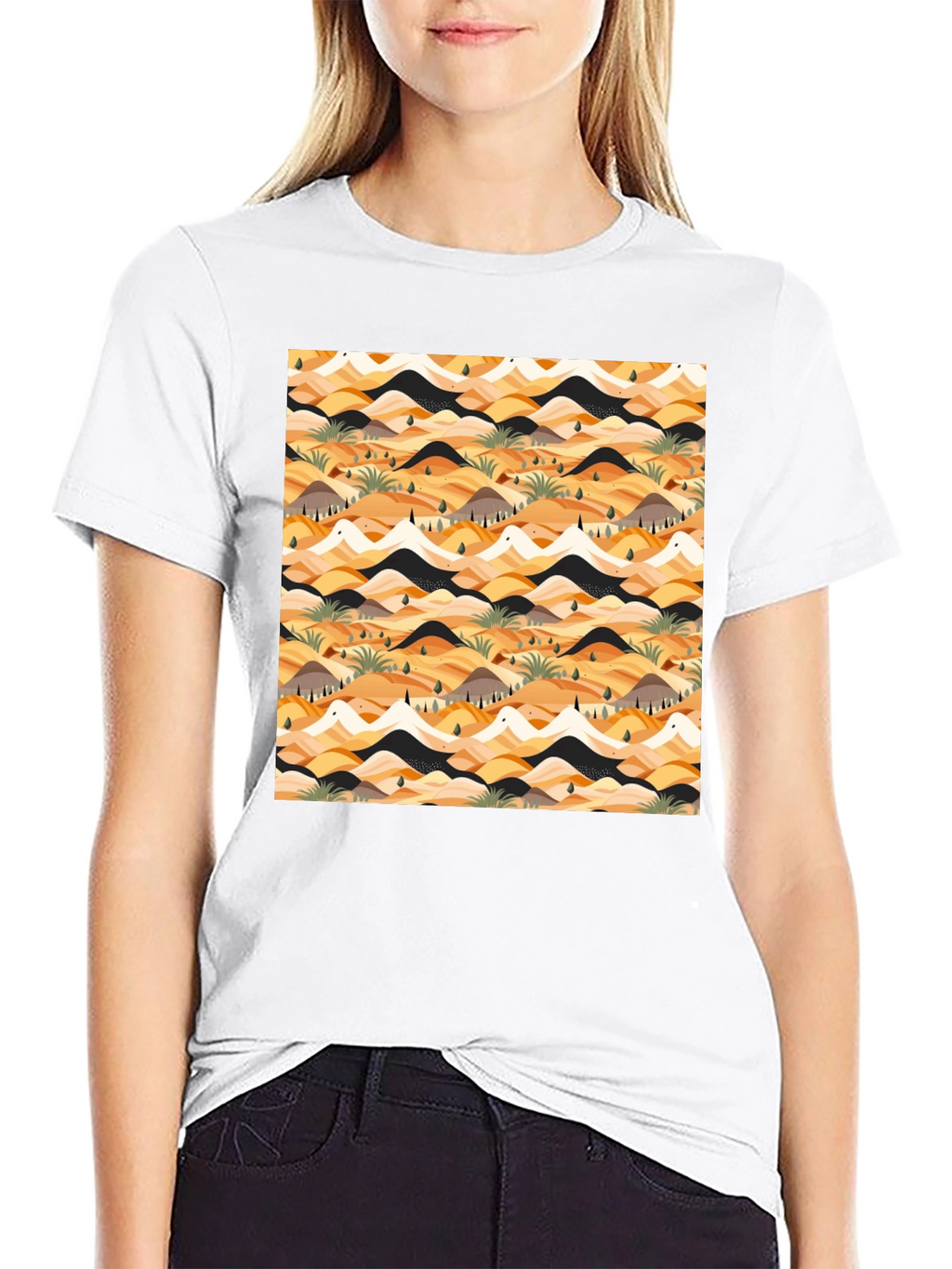 Abstract Desert Landscape Print Black T-Shirt