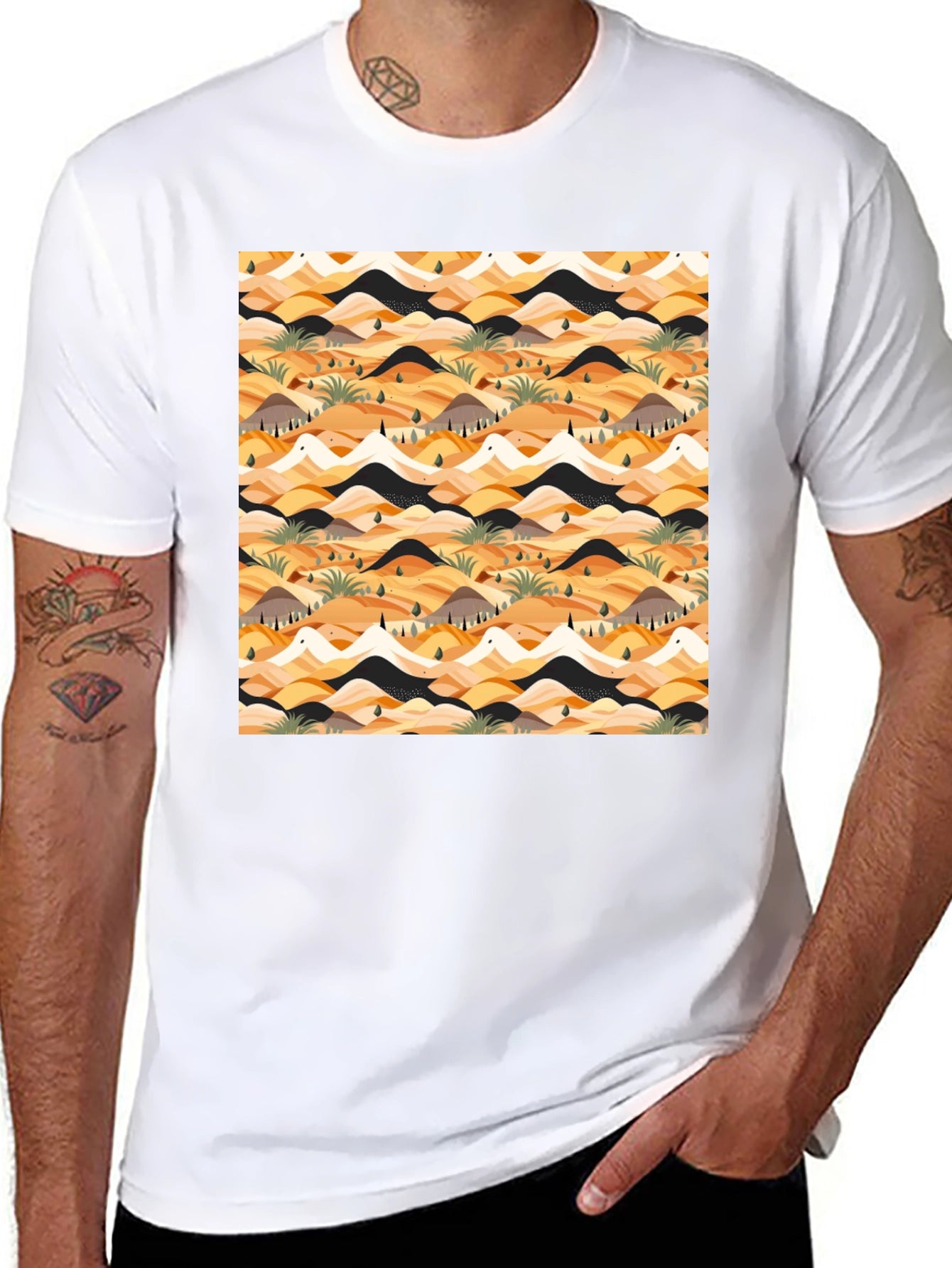 Abstract Desert Landscape Print Black T-Shirt
