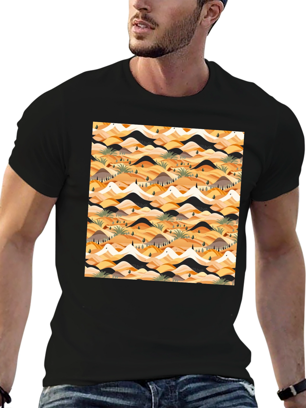 Abstract Desert Landscape Print Black T-Shirt