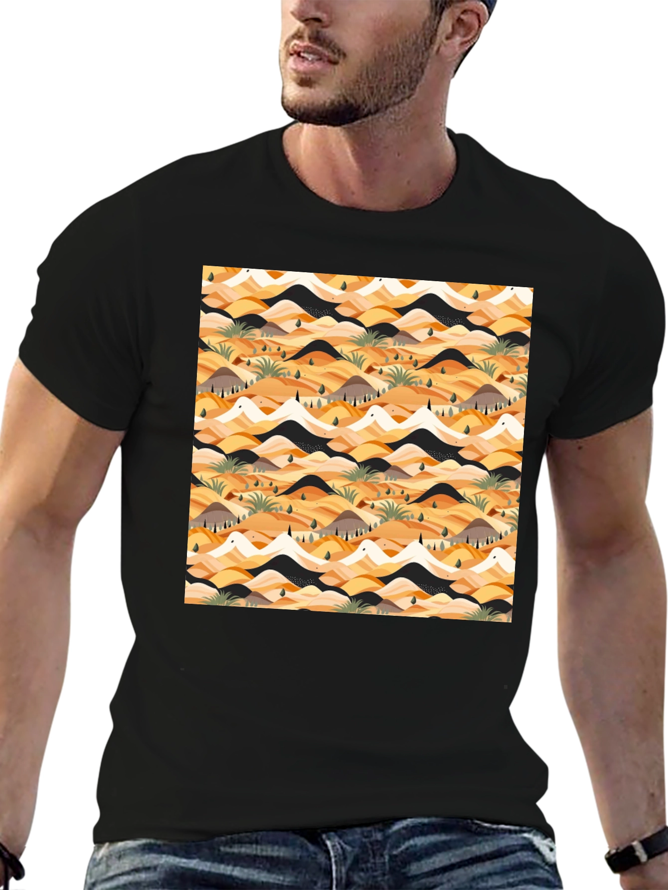 Abstract Desert Landscape Print Black T-Shirt