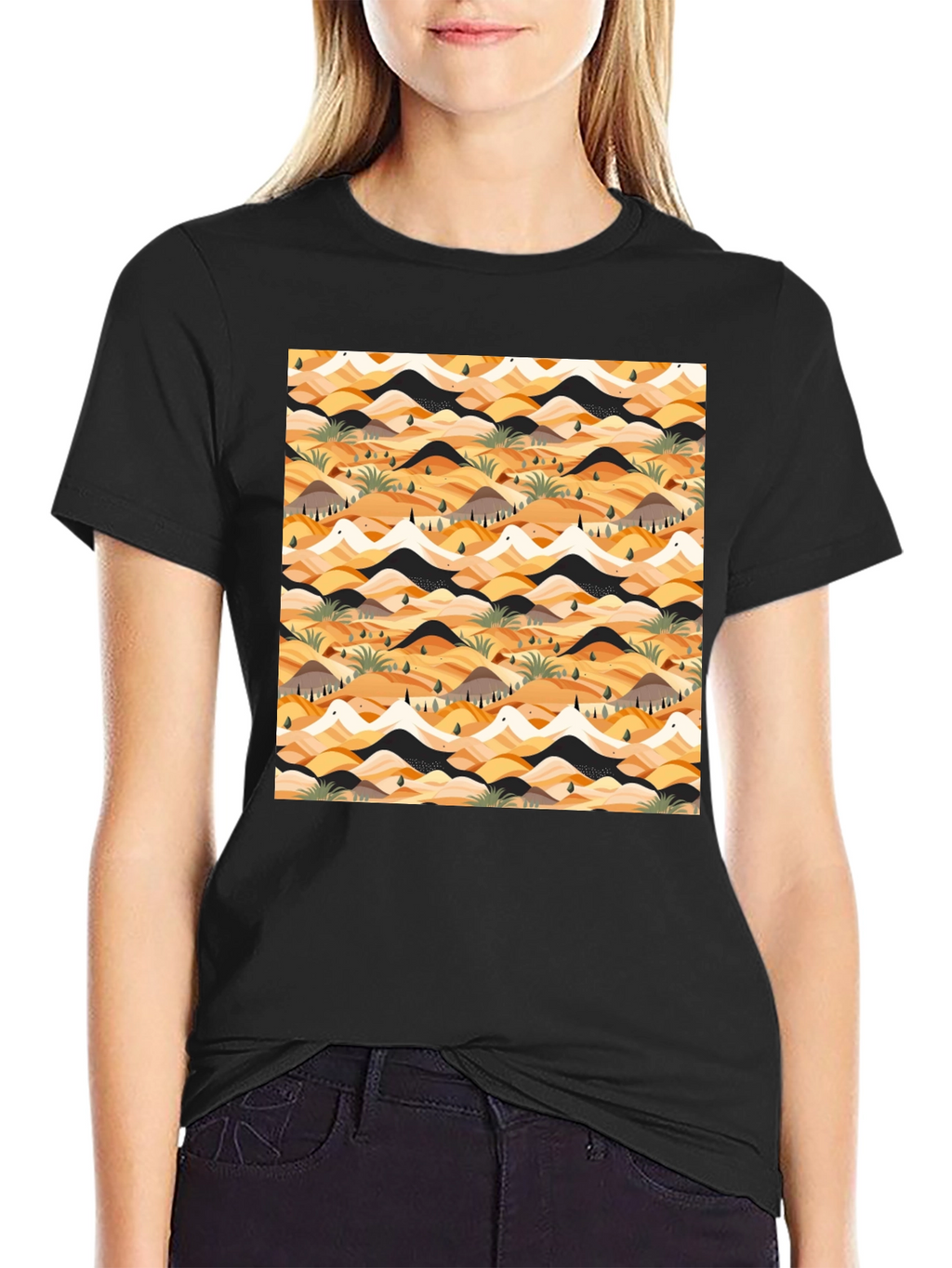 Abstract Desert Landscape Print Black T-Shirt