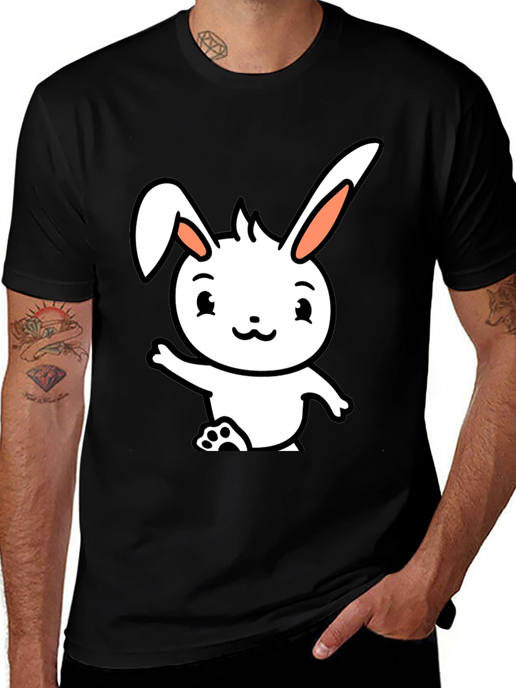 Cute Cartoon Bunny Black T-Shirt