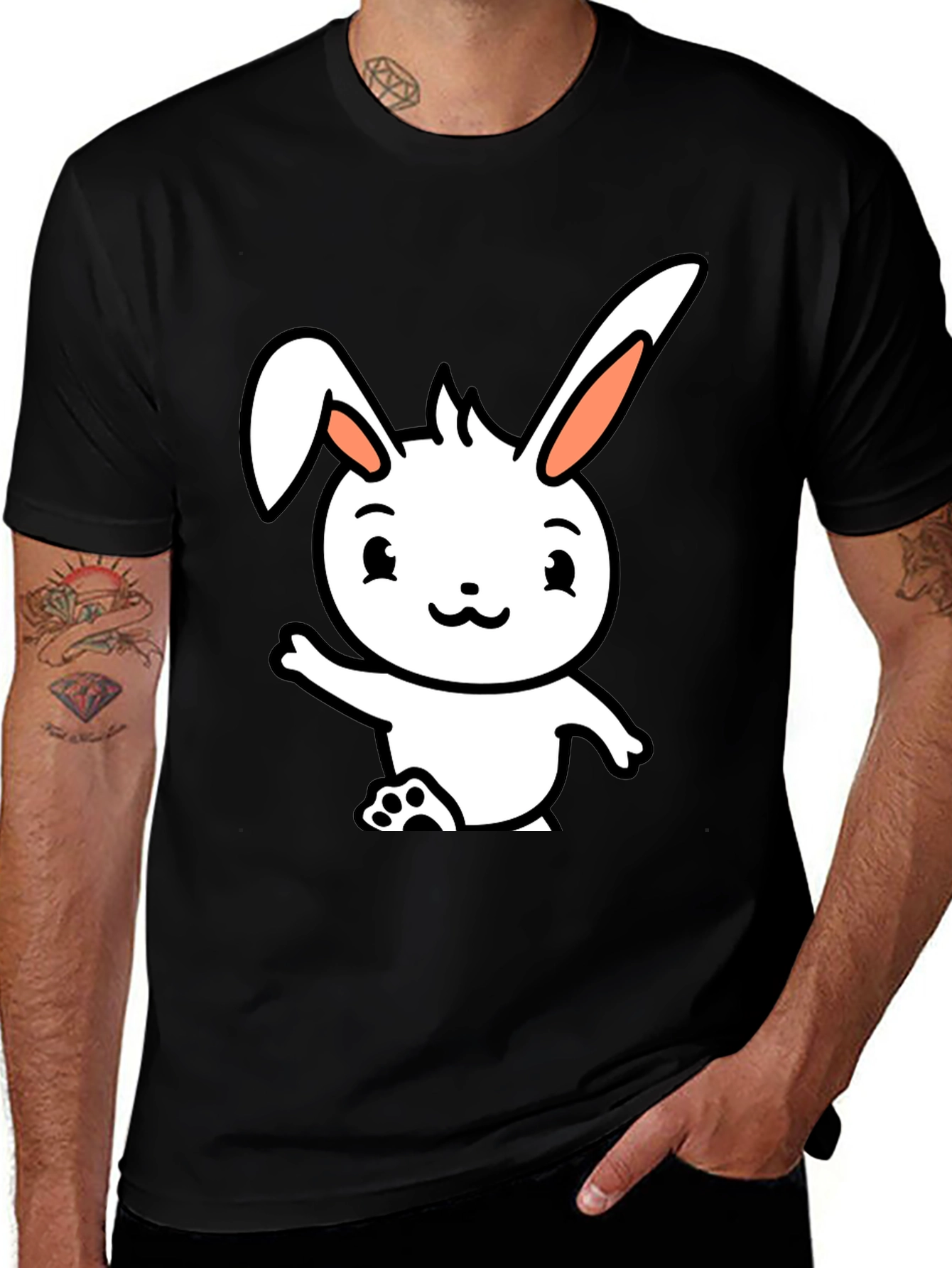 Cute Cartoon Bunny Black T-Shirt