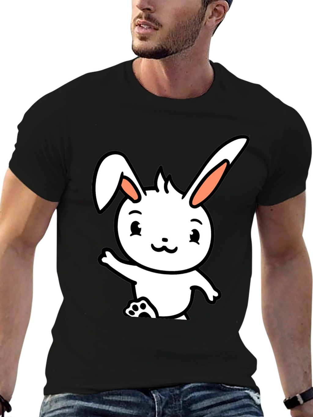 Cute Cartoon Bunny Black T-Shirt