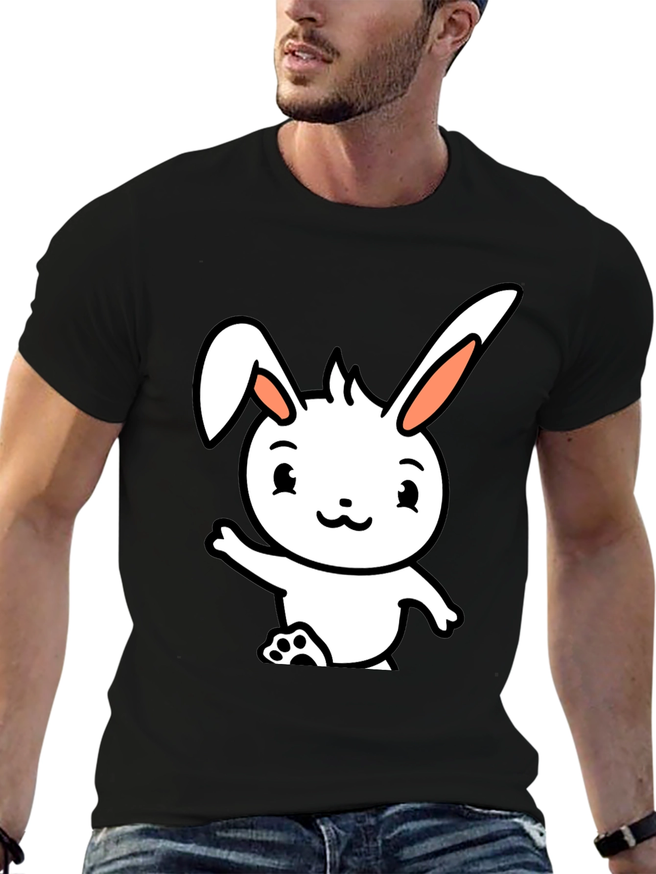 Cute Cartoon Bunny Black T-Shirt
