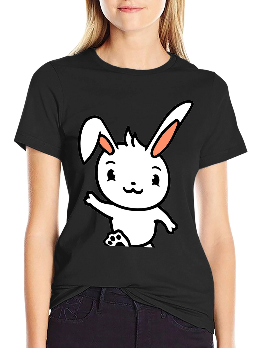 Cute Cartoon Bunny Black T-Shirt