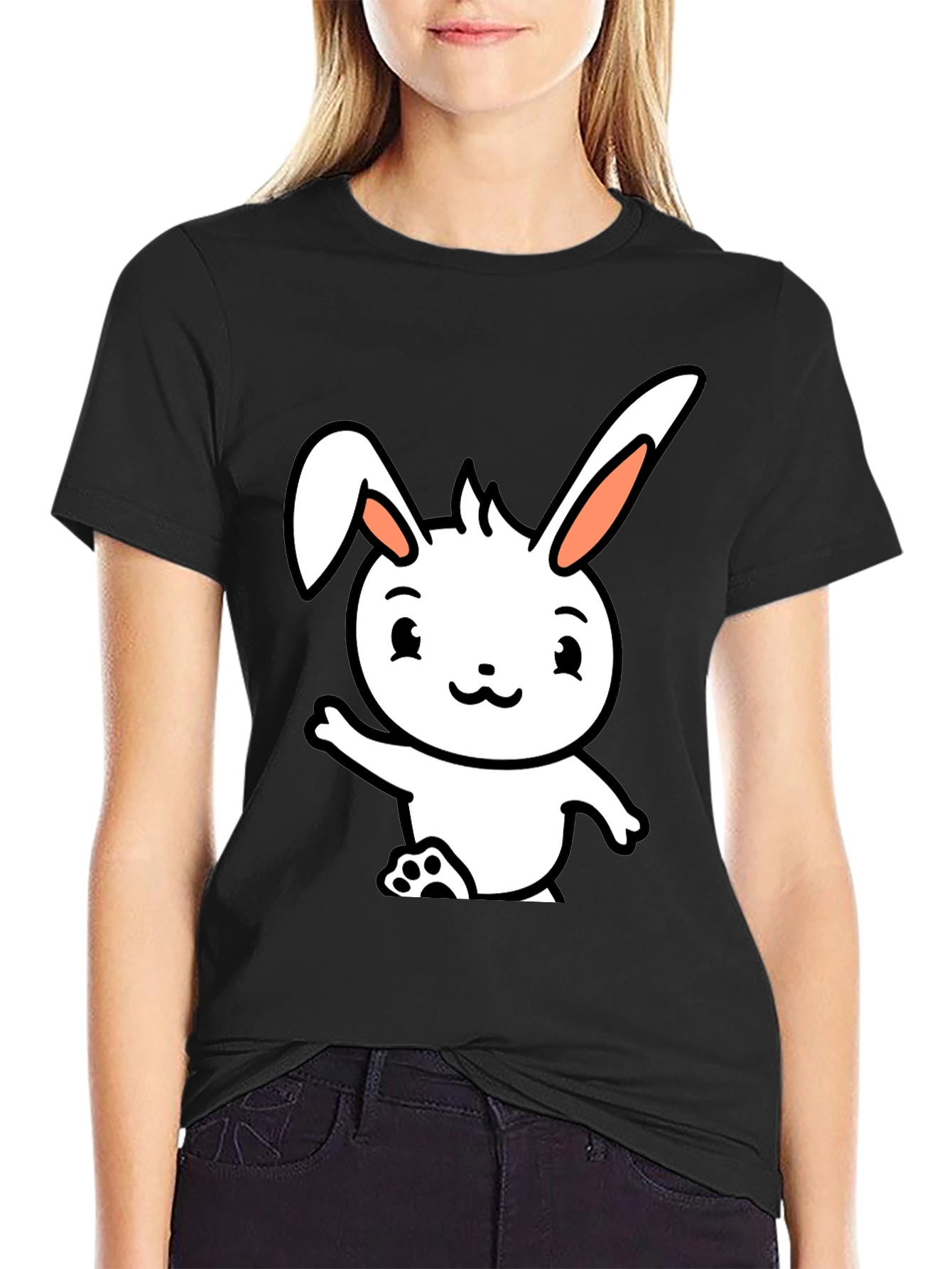 Cute Cartoon Bunny Black T-Shirt