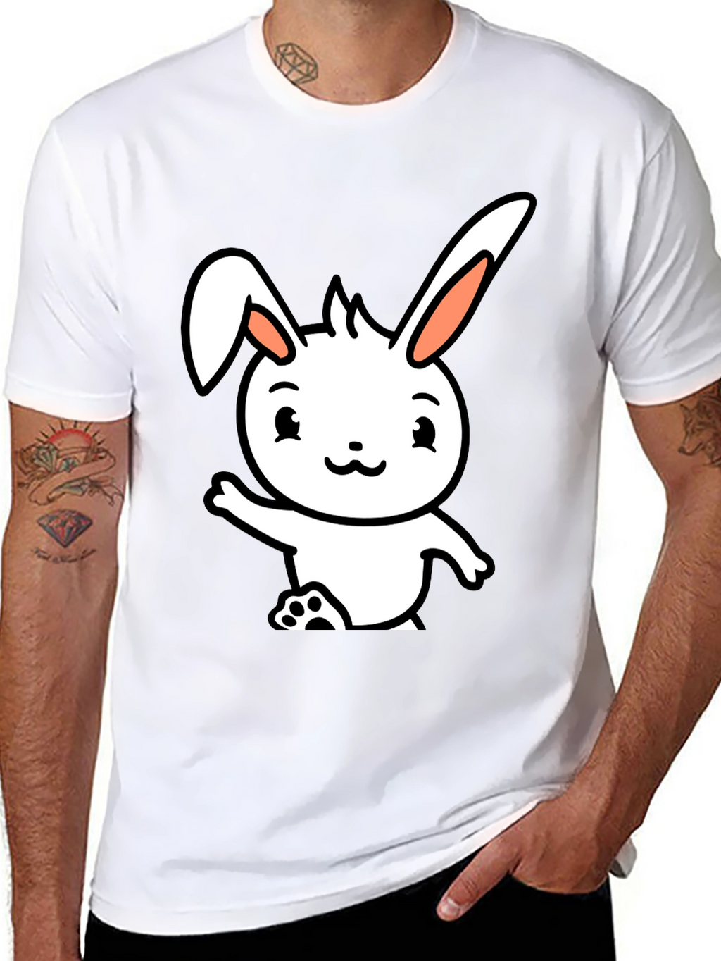 Cute Cartoon Bunny Black T-Shirt