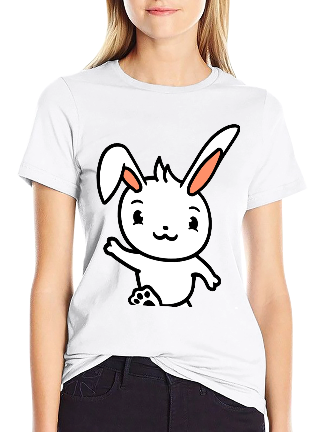 Cute Cartoon Bunny Black T-Shirt