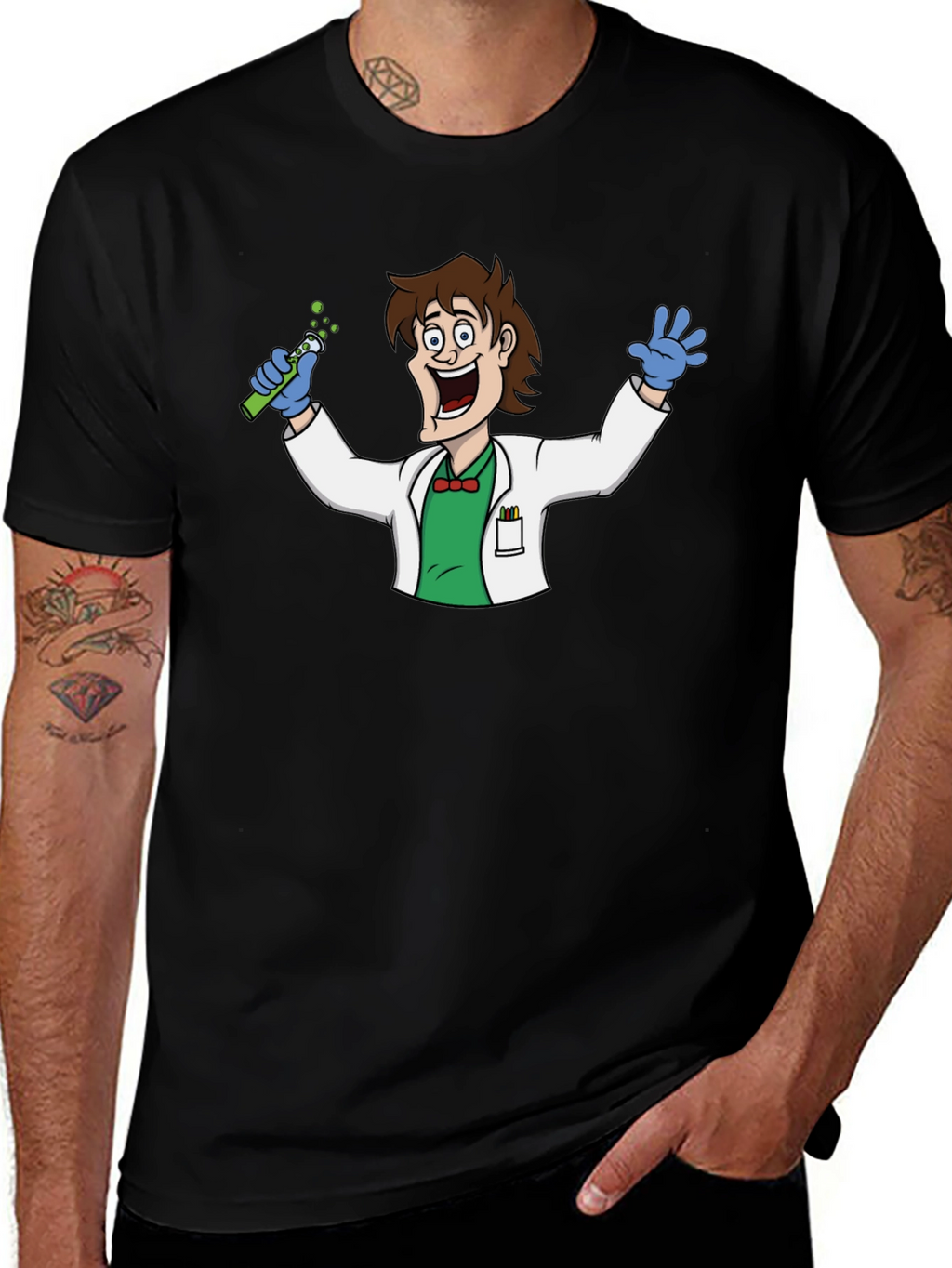 Cartoon Scientist Graphic Black T-Shirt
