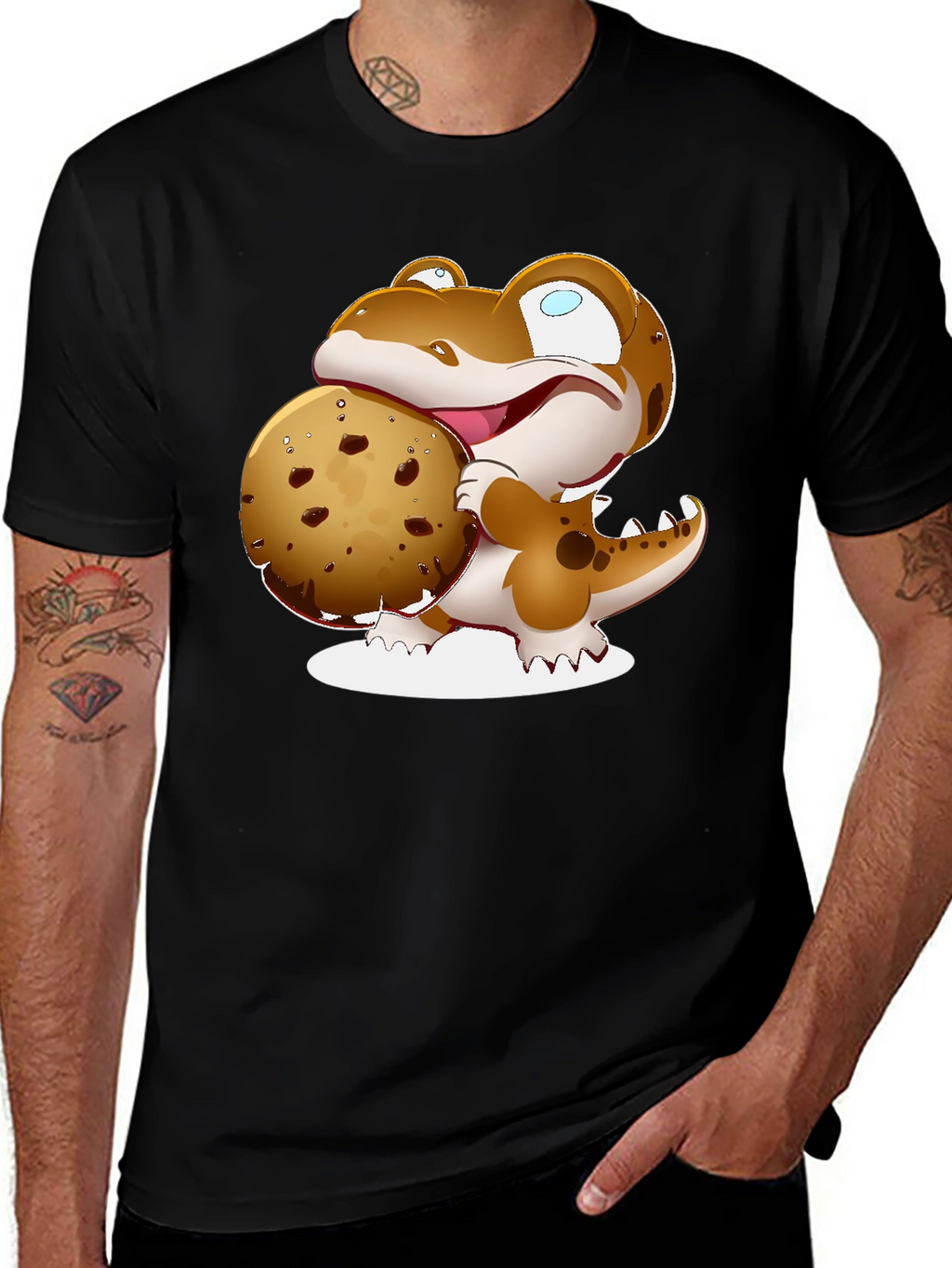 Cartoon Dinosaur Cookie Graphic Black T-Shirt