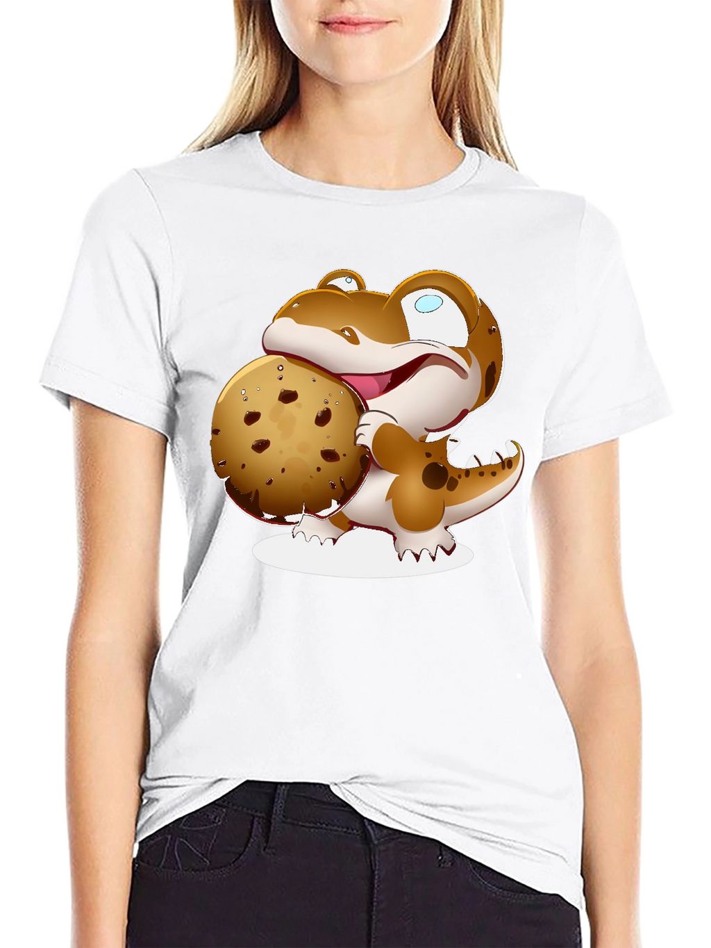 Cartoon Dinosaur Cookie Graphic Black T-Shirt
