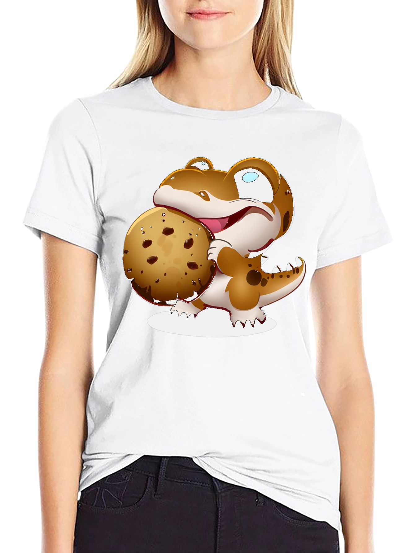 Cartoon Dinosaur Cookie Graphic Black T-Shirt