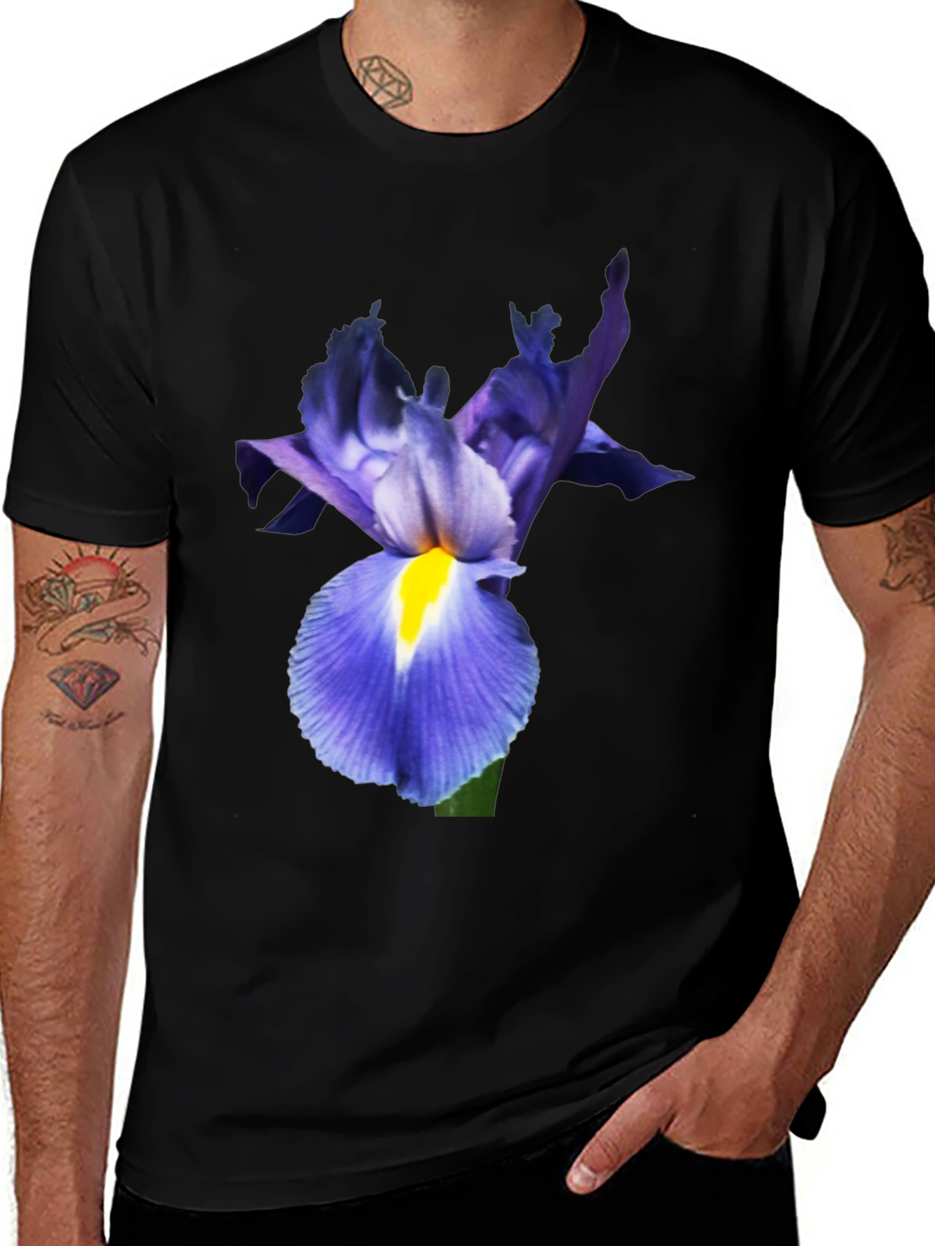 Iris Flower Print Black T-Shirt