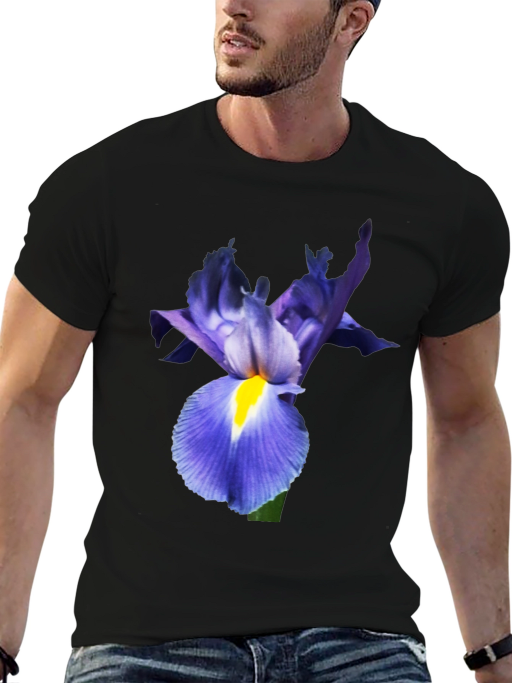 Iris Flower Print Black T-Shirt
