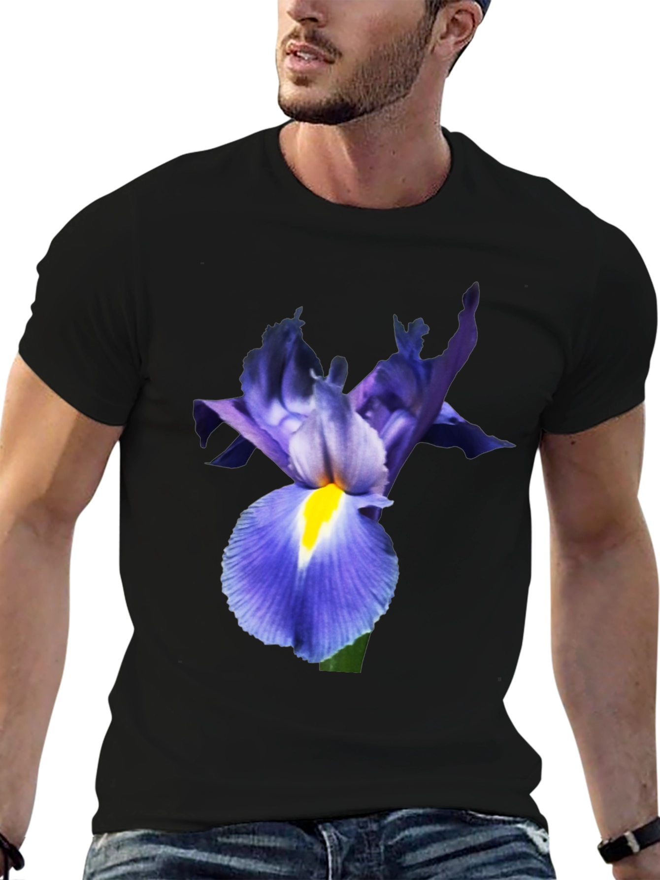 Iris Flower Print Black T-Shirt