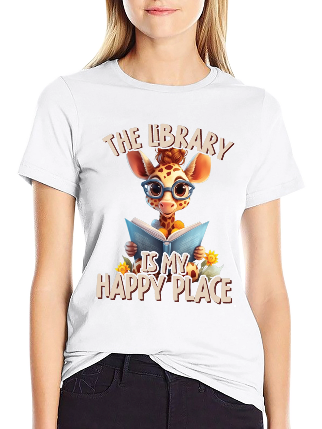 Giraffe Reader T-Shirt: Library is My Happy Place