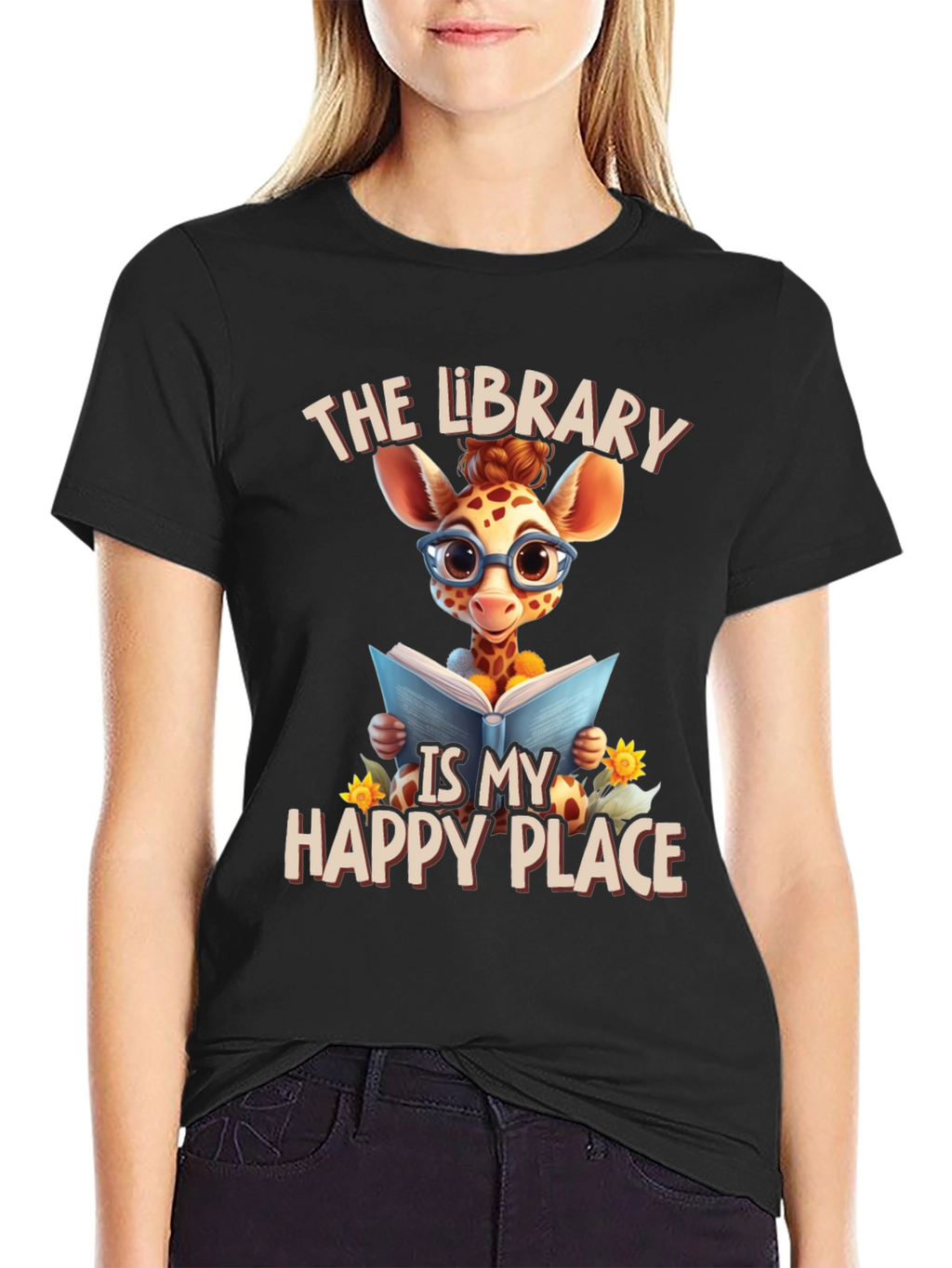 Giraffe Reader T-Shirt: Library is My Happy Place