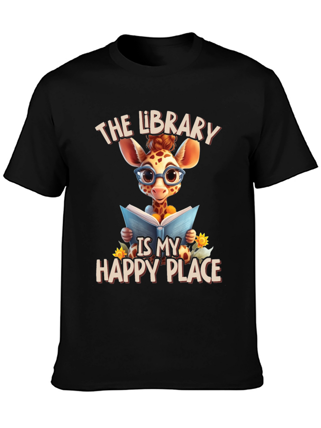 Giraffe Reader T-Shirt: Library is My Happy Place