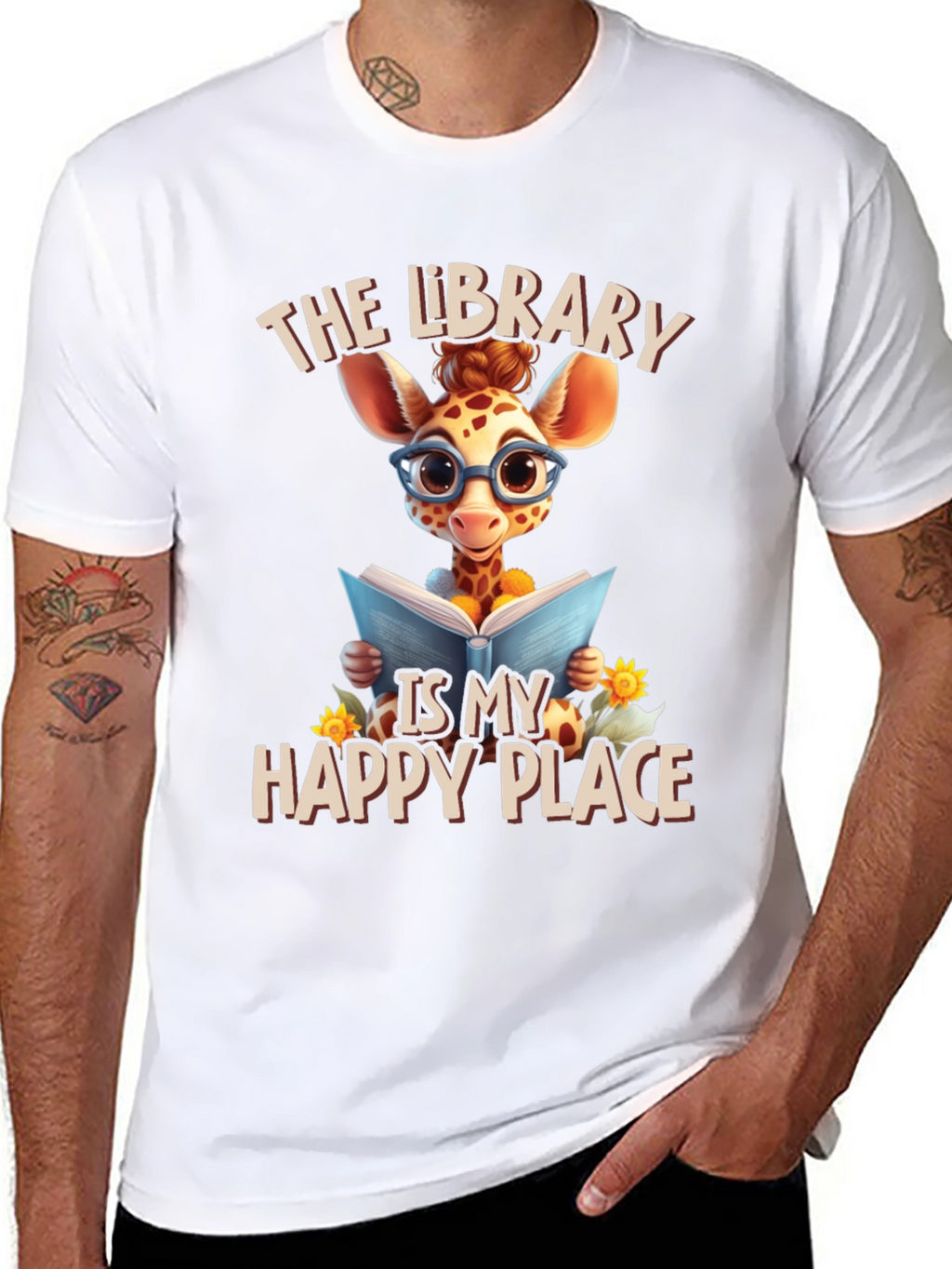 Giraffe Reader T-Shirt: Library is My Happy Place