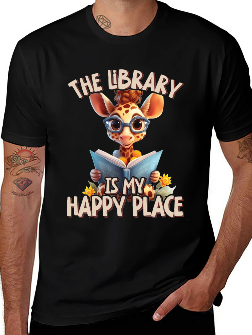 Giraffe Reader T-Shirt: Library is My Happy Place