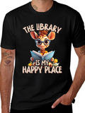 Giraffe Reader T-Shirt: Library is My Happy Place