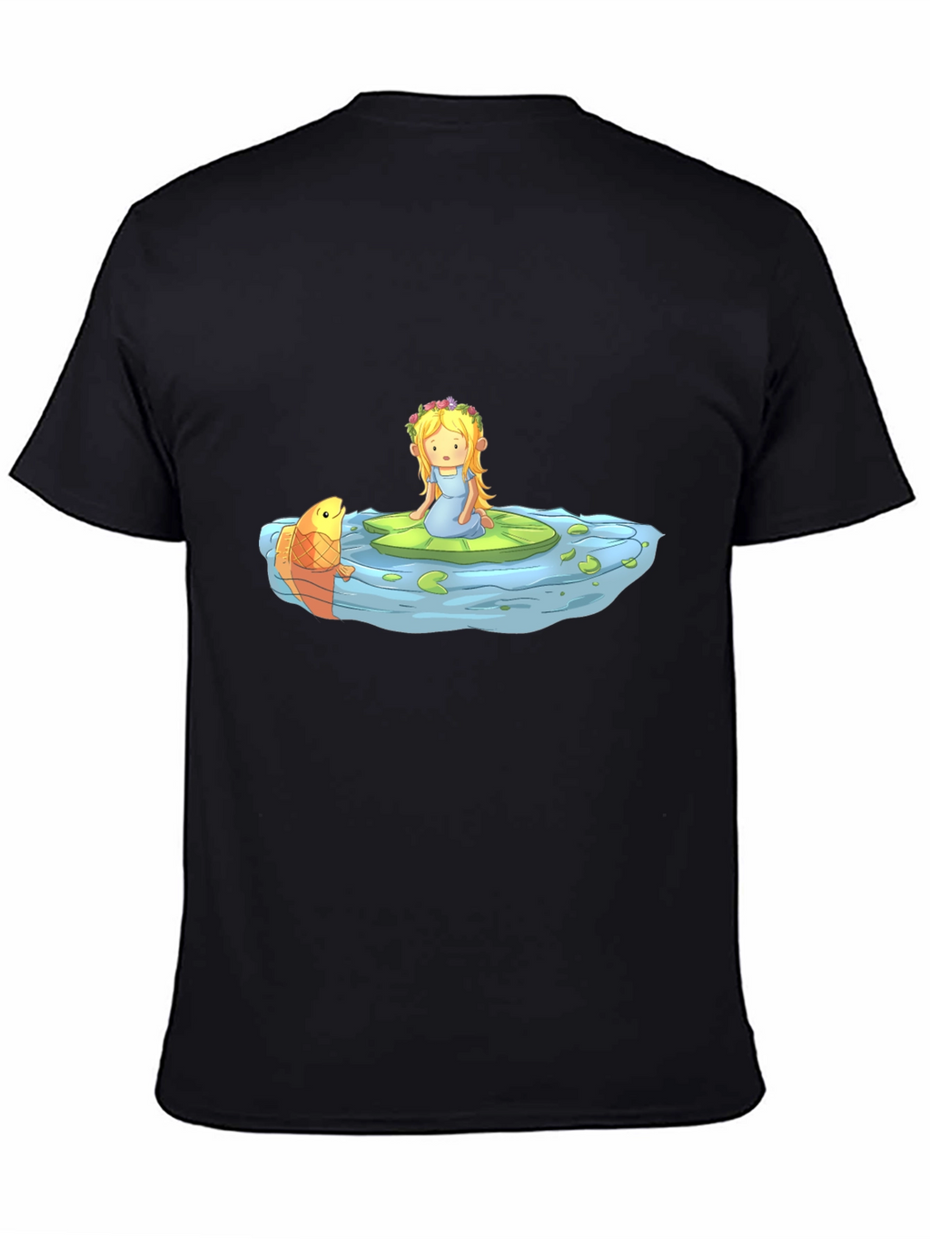 Cartoon Girl on Lily Pad Black T-Shirt