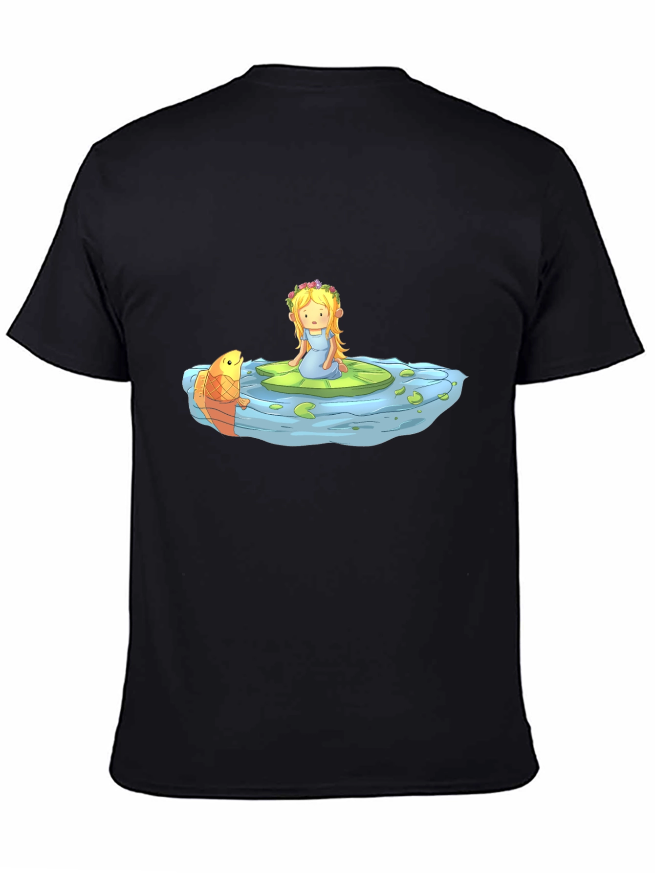 Cartoon Girl on Lily Pad Black T-Shirt