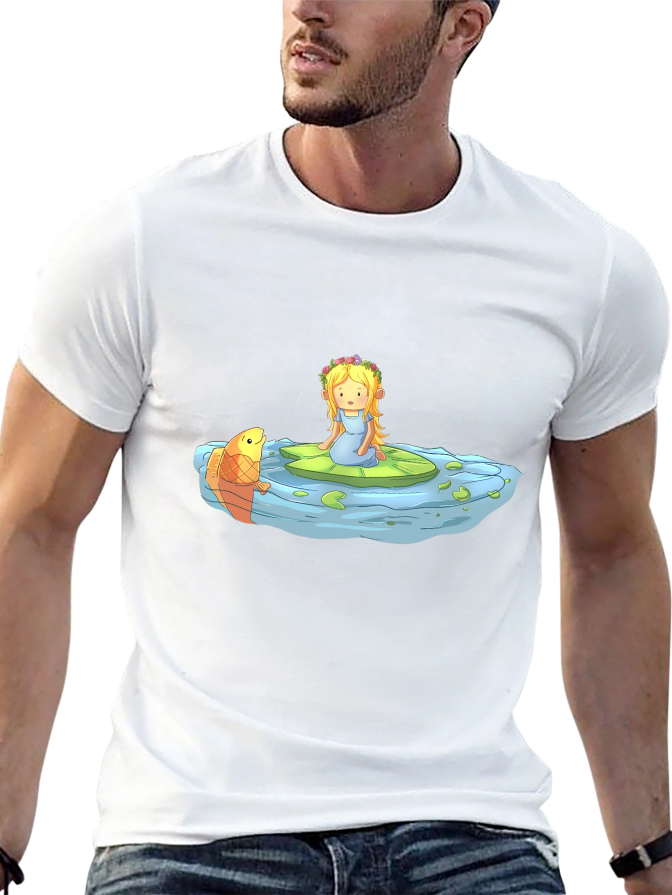 Cartoon Girl on Lily Pad Black T-Shirt